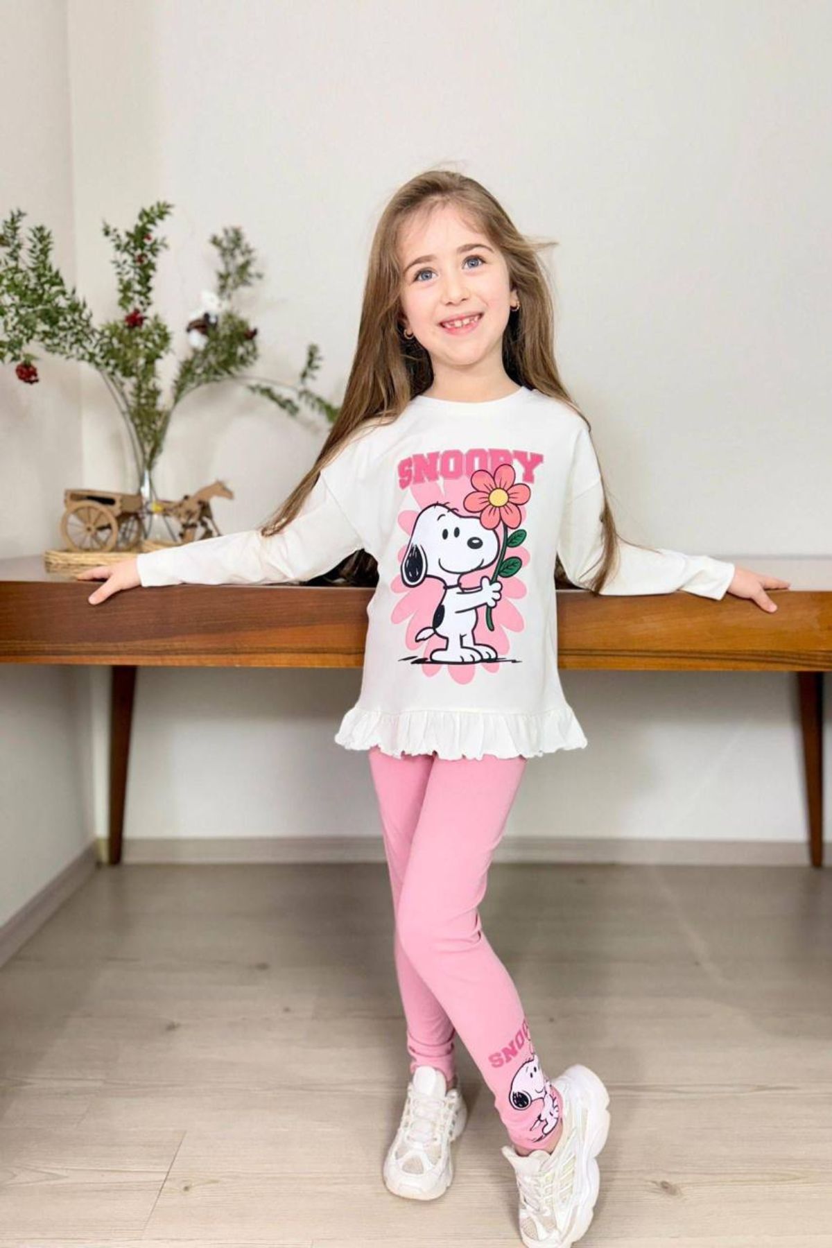 Детски комплект за момиче с дълъг ръкав, розов цвят  