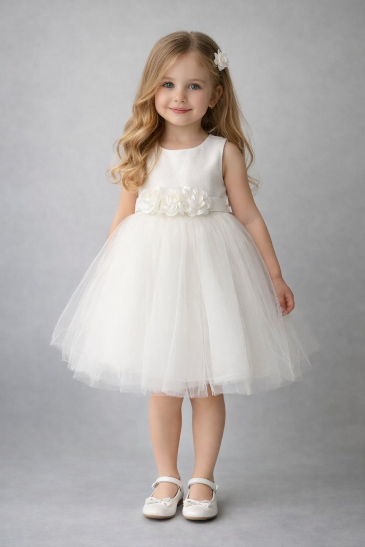 Детска официална рокля без ръкав, цвят екрю  