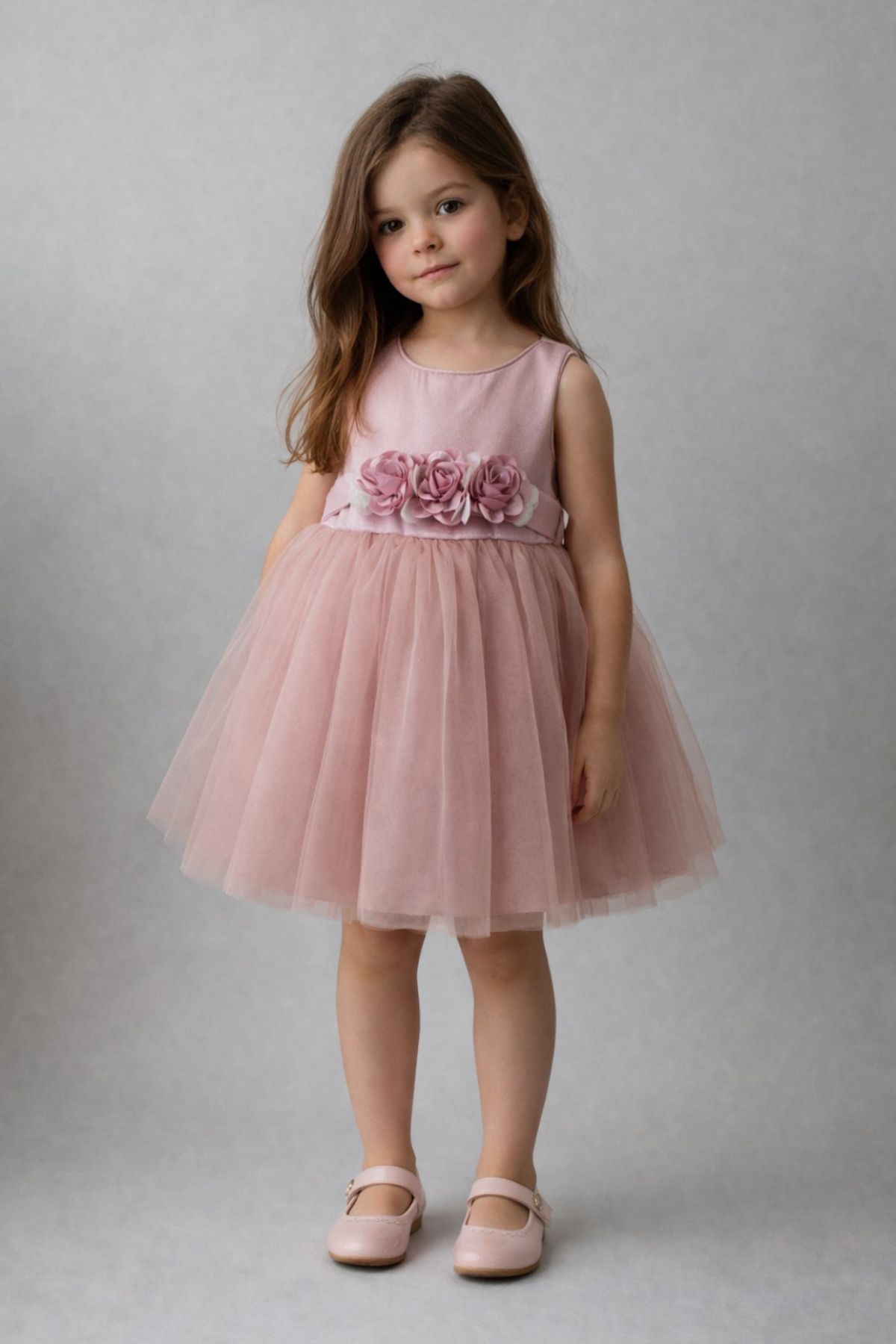 Детска официална рокля без ръкав, тъмно розов цвят