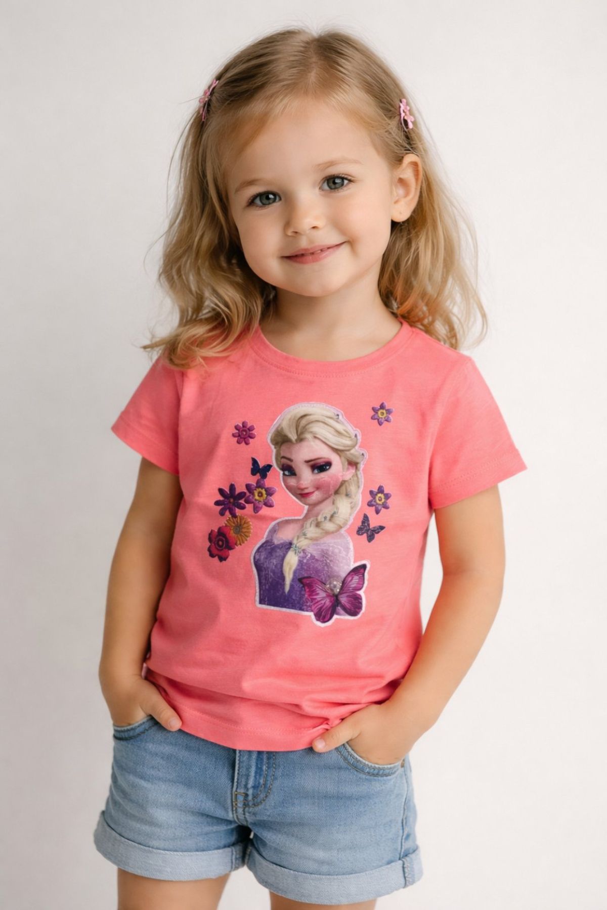 Детска тениска за момиче, цвят корал