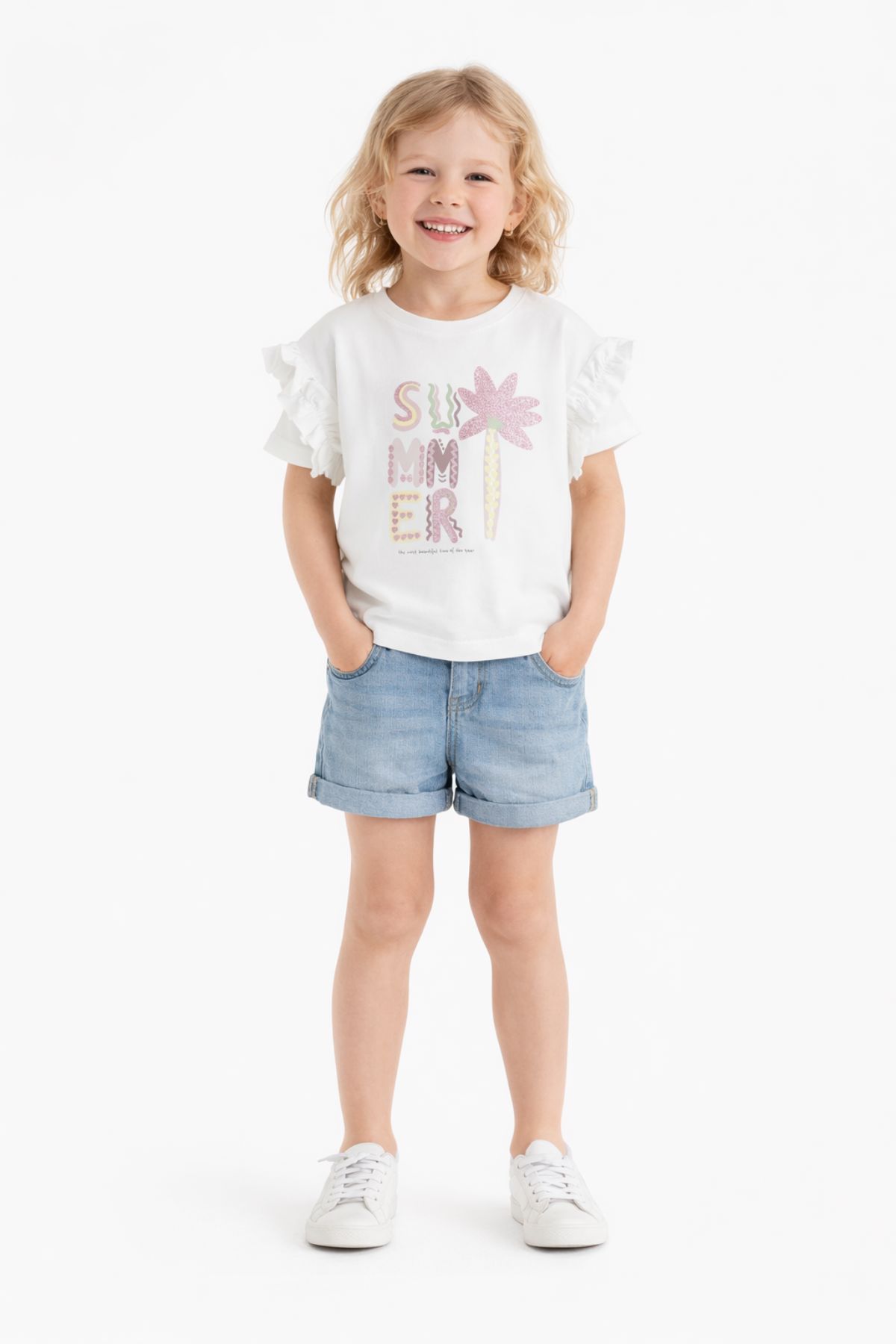 Детска тениска момиче, цвят екрю