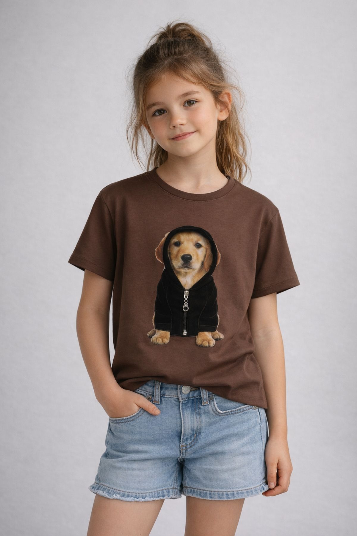 Детска тениска за момиче, тъмно кафяв цвят