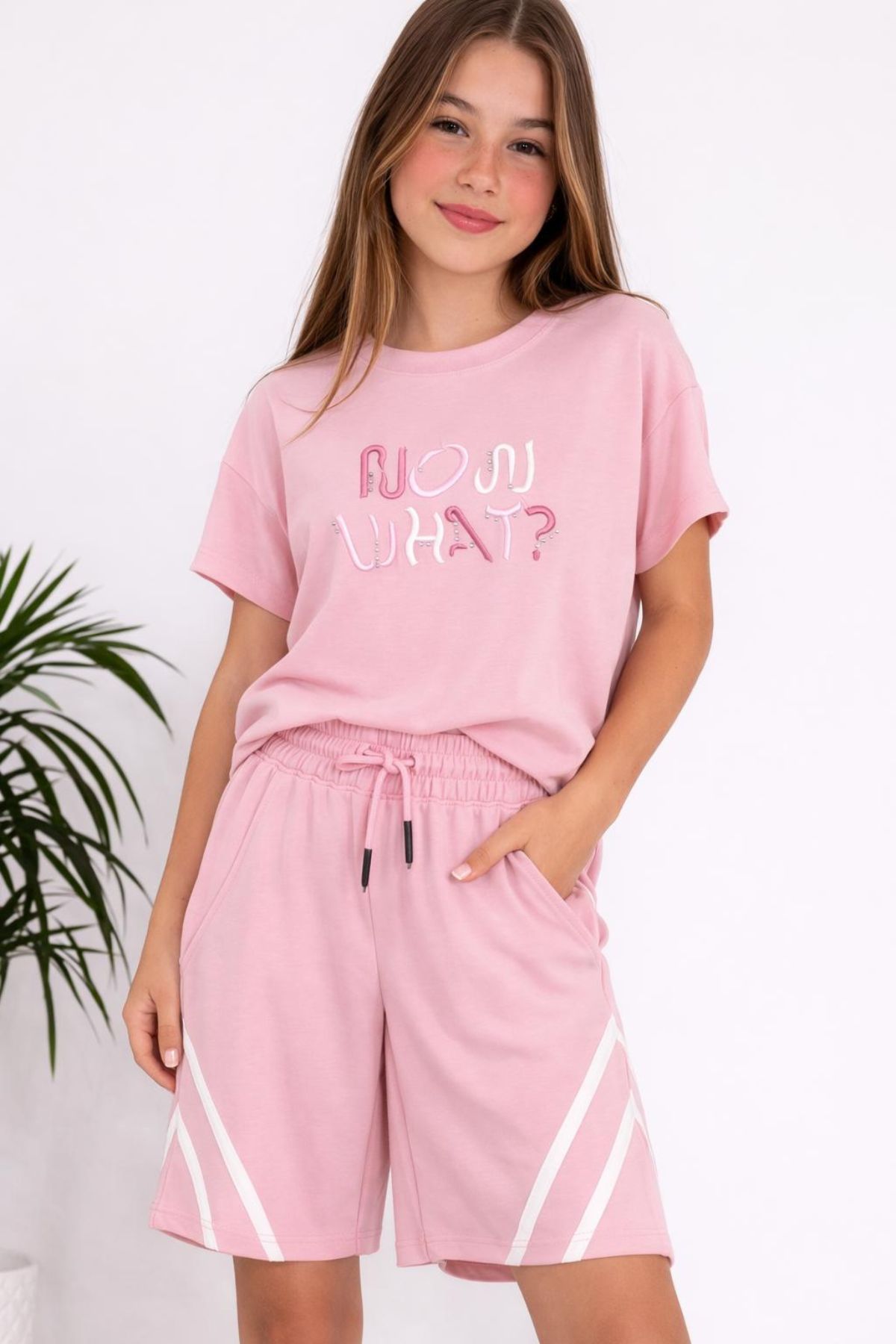 Детски комплект за момиче с къс ръкав, розов цвят