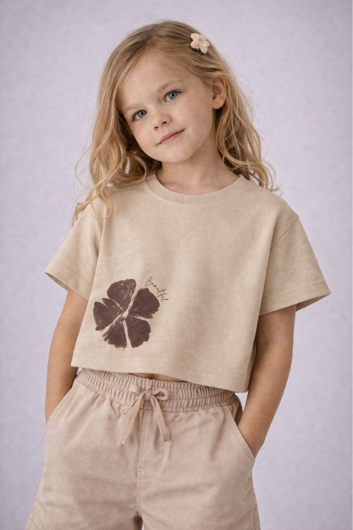 Детска тениска за момиче, бежов цвят