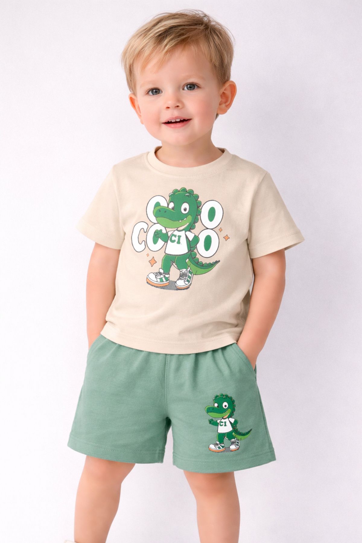 Детски комплект за момче с къс ръкав, бежов цвят