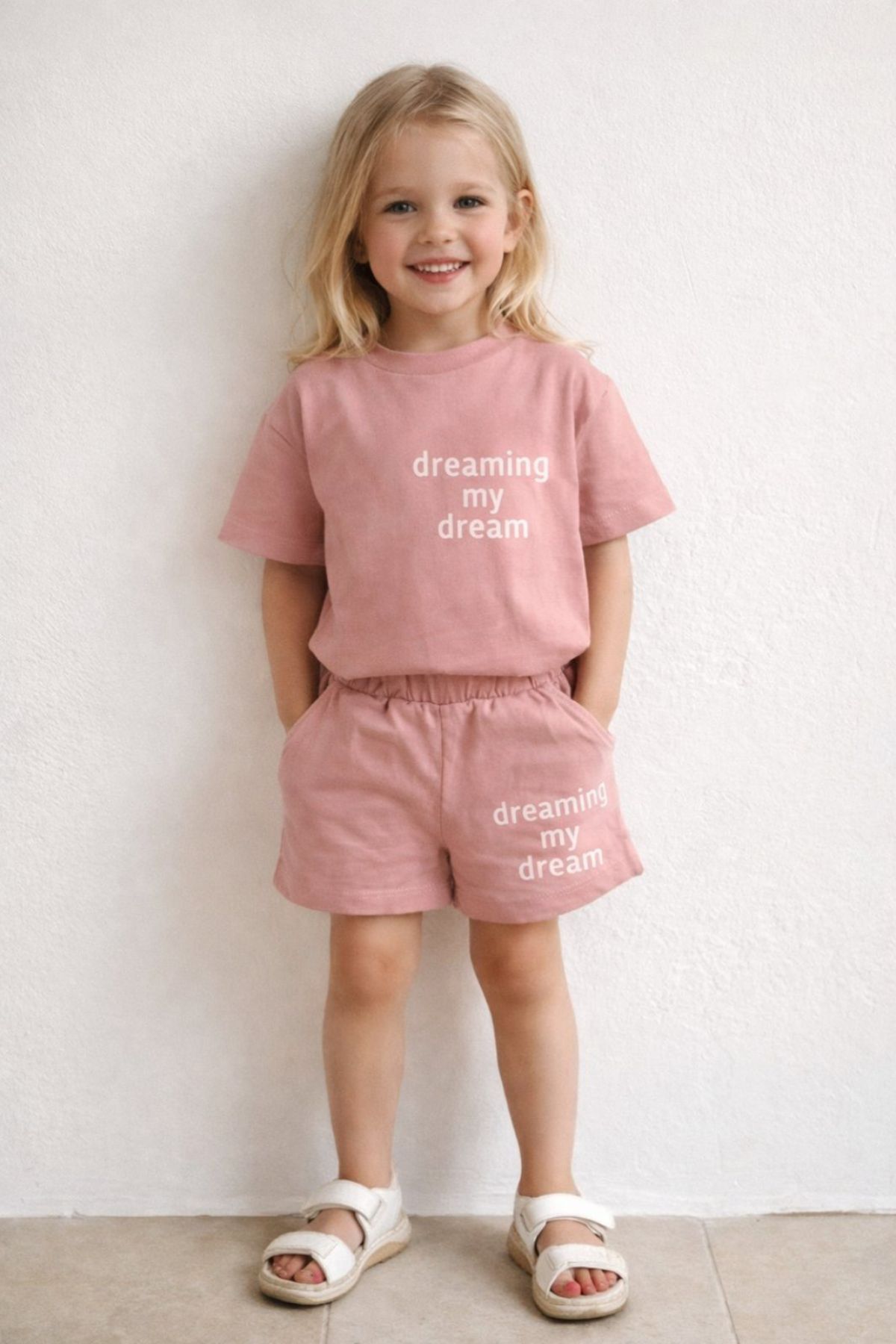 Детски комплект за момиче с къс ръкав, тъмно розов цвят 