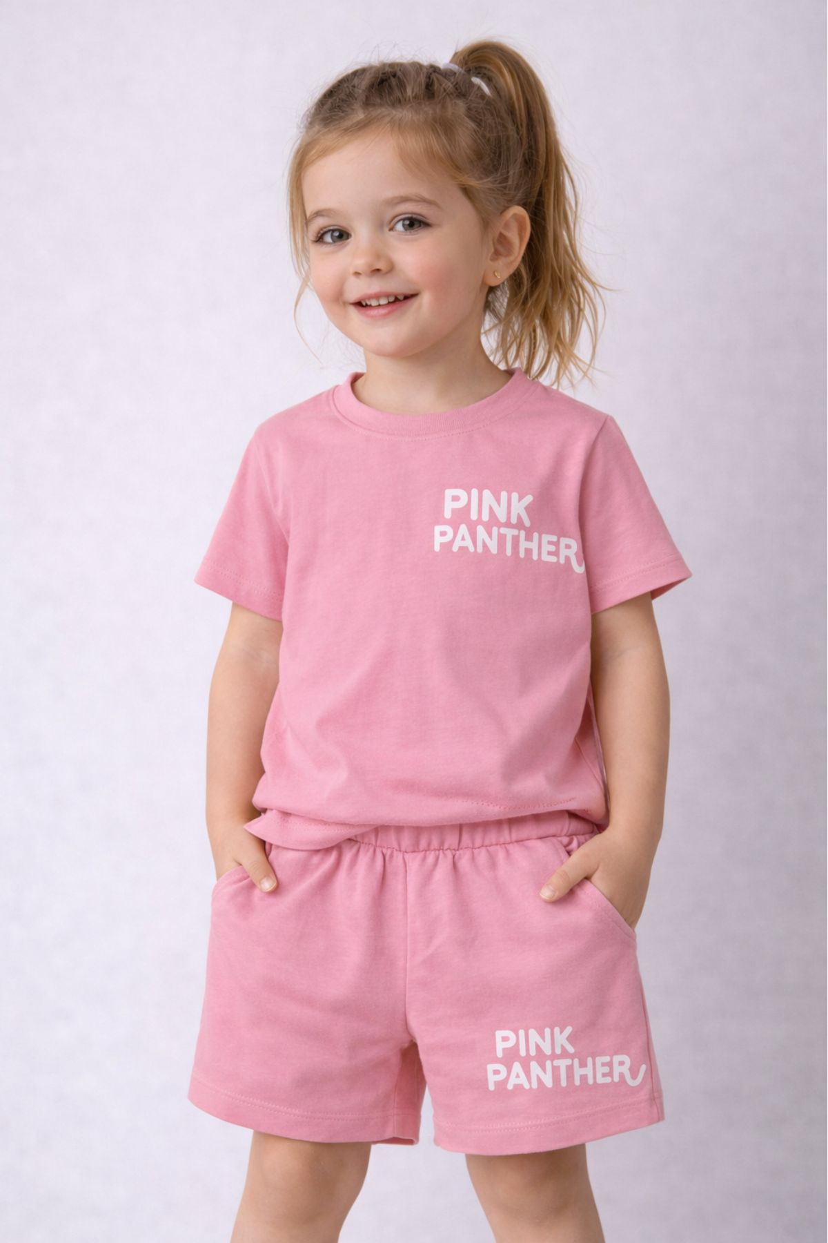 Детски комплект за момиче с къс ръкав, розов цвят