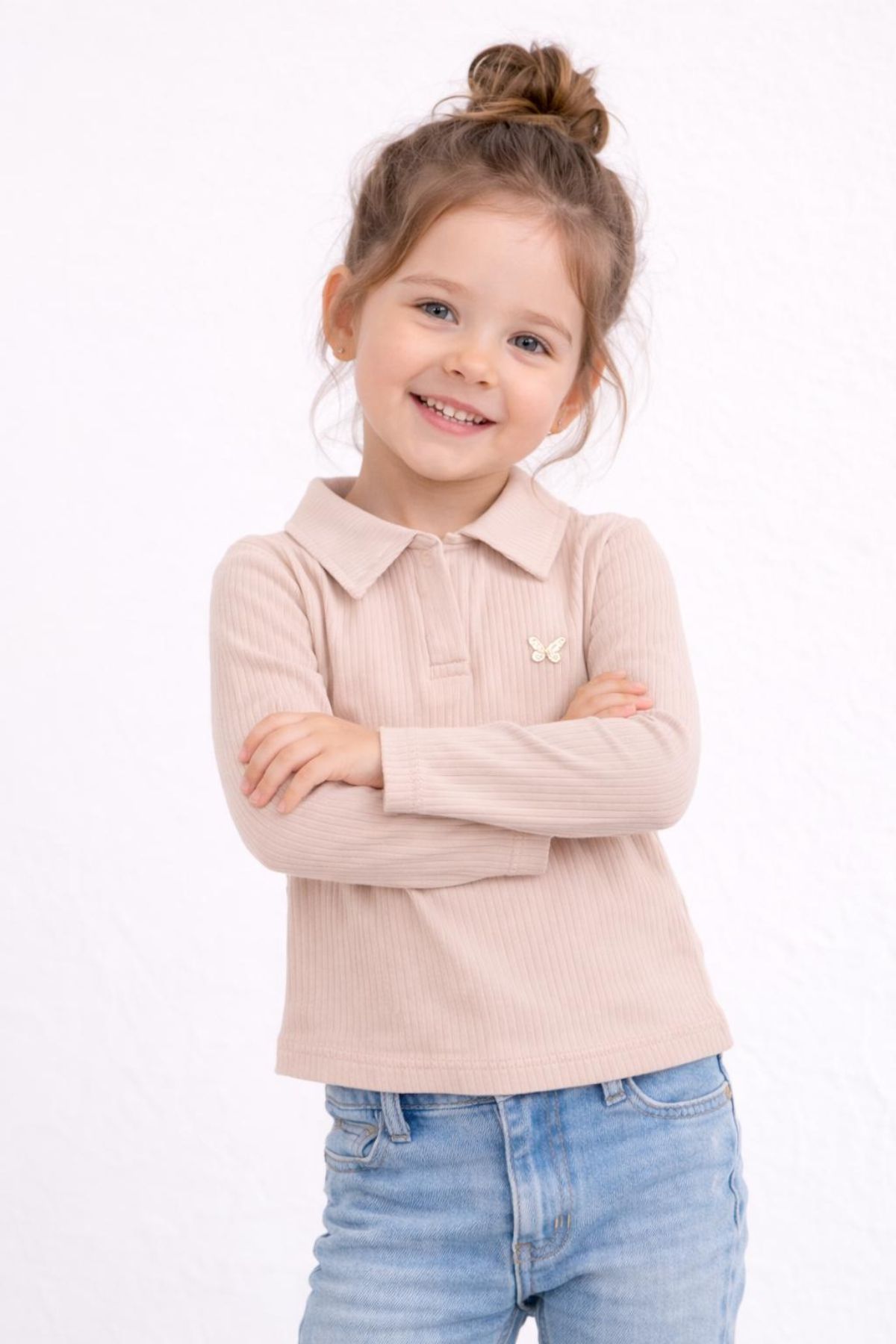 Детска блуза рипс за момиче с дълъг ръкав, бежов цвят