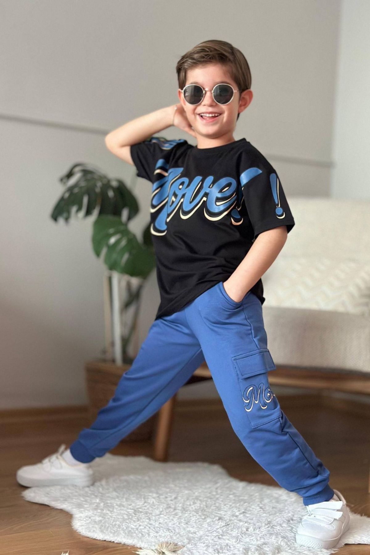 Детски комплект за момиче с къс ръкав, син цвят