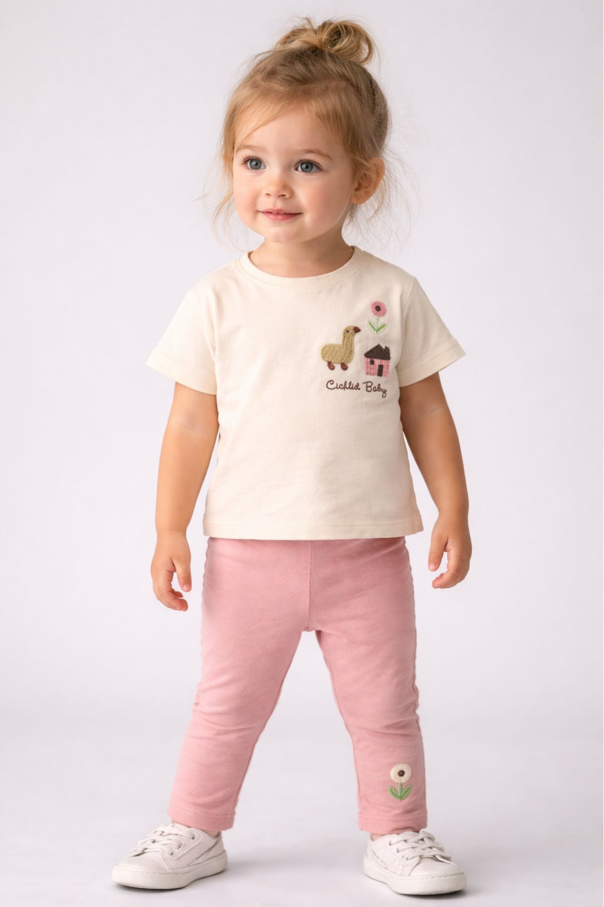 Детски комплект за момиче с къс ръкав, бежов цвят
