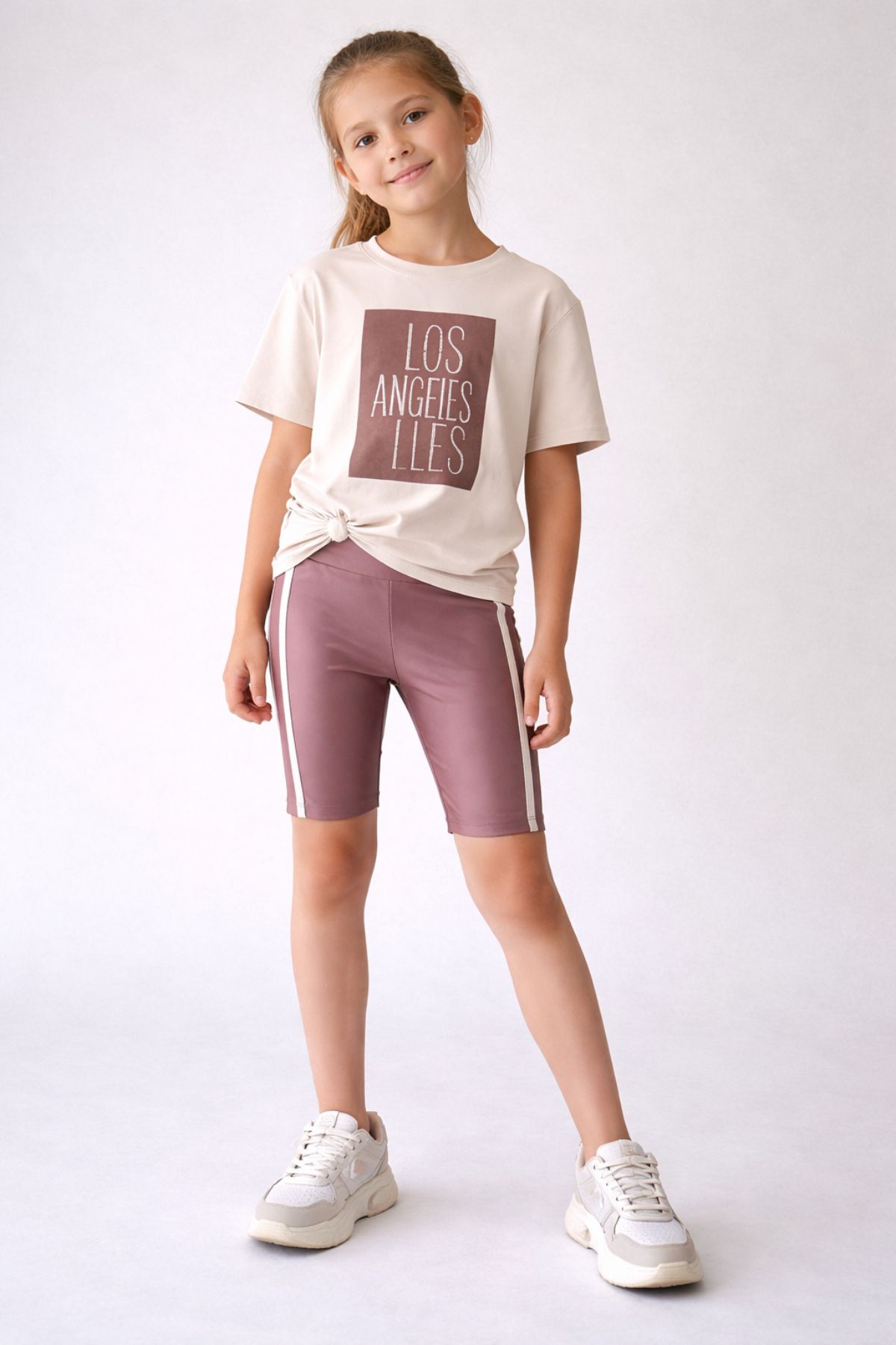 Детски комплект за момиче с къс ръкав, кафяв цвят