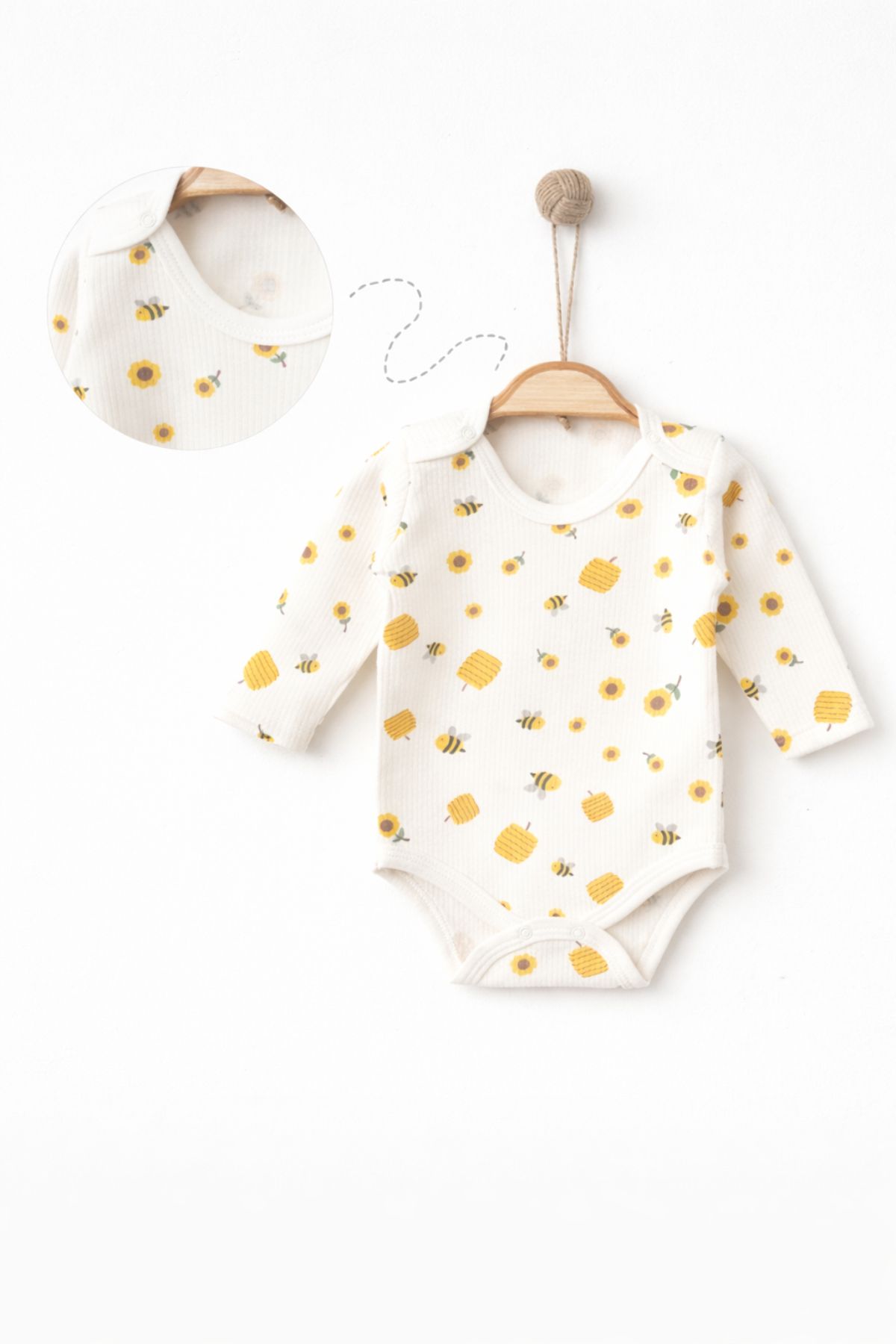 Бебешко боди рипс за момиче с дълъг ръкав, цвят екрю