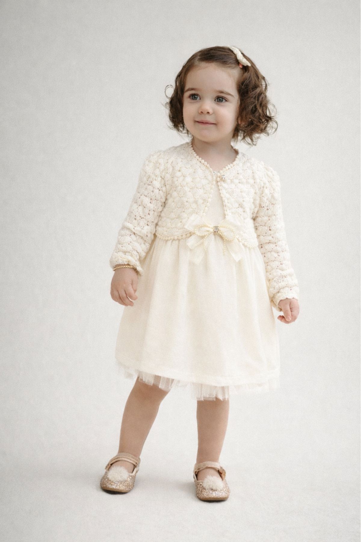Детска официална рокля с болеро, цвят екрю