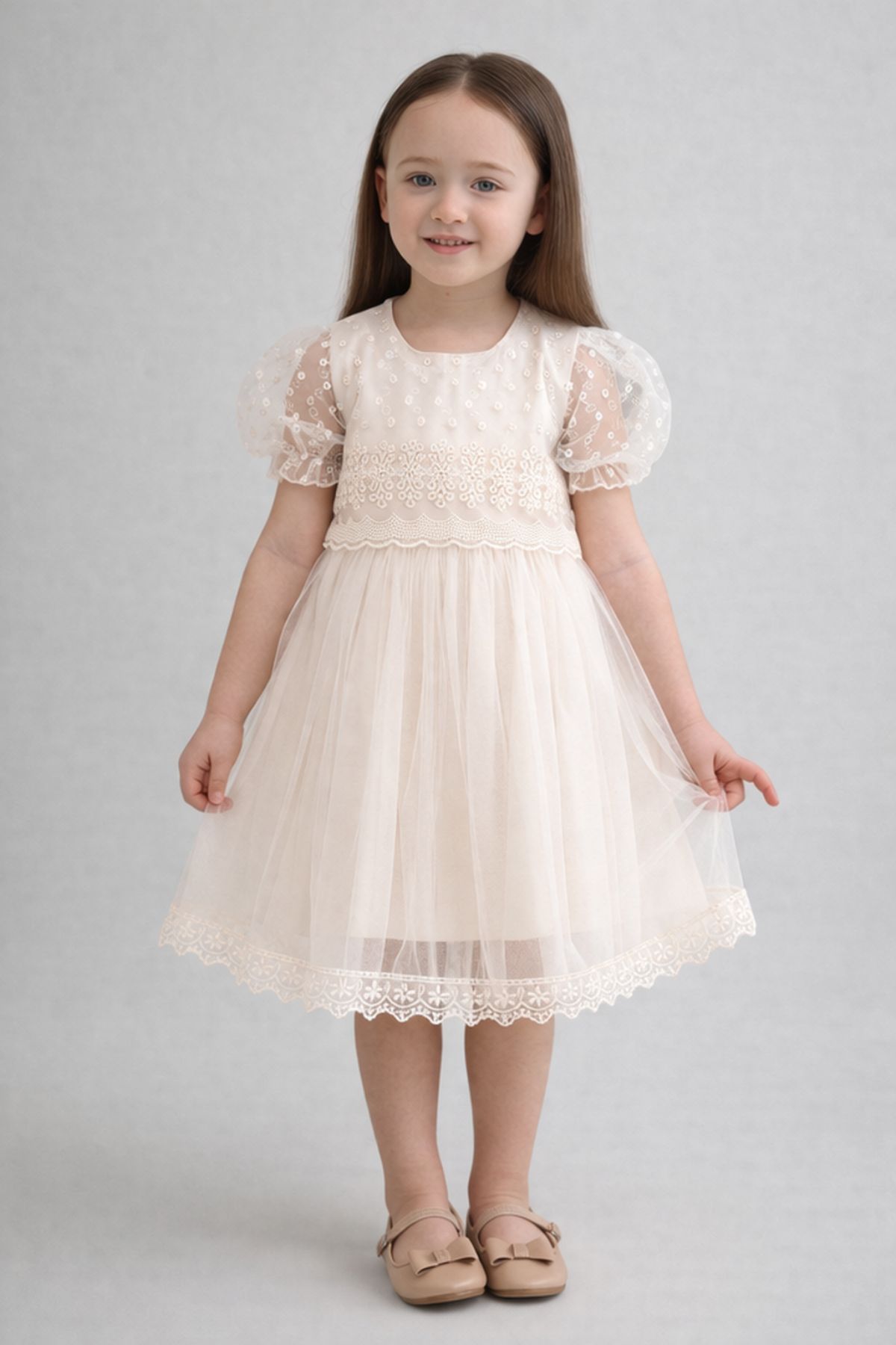 Детска официална рокля с къс ръкав, цвят екрю