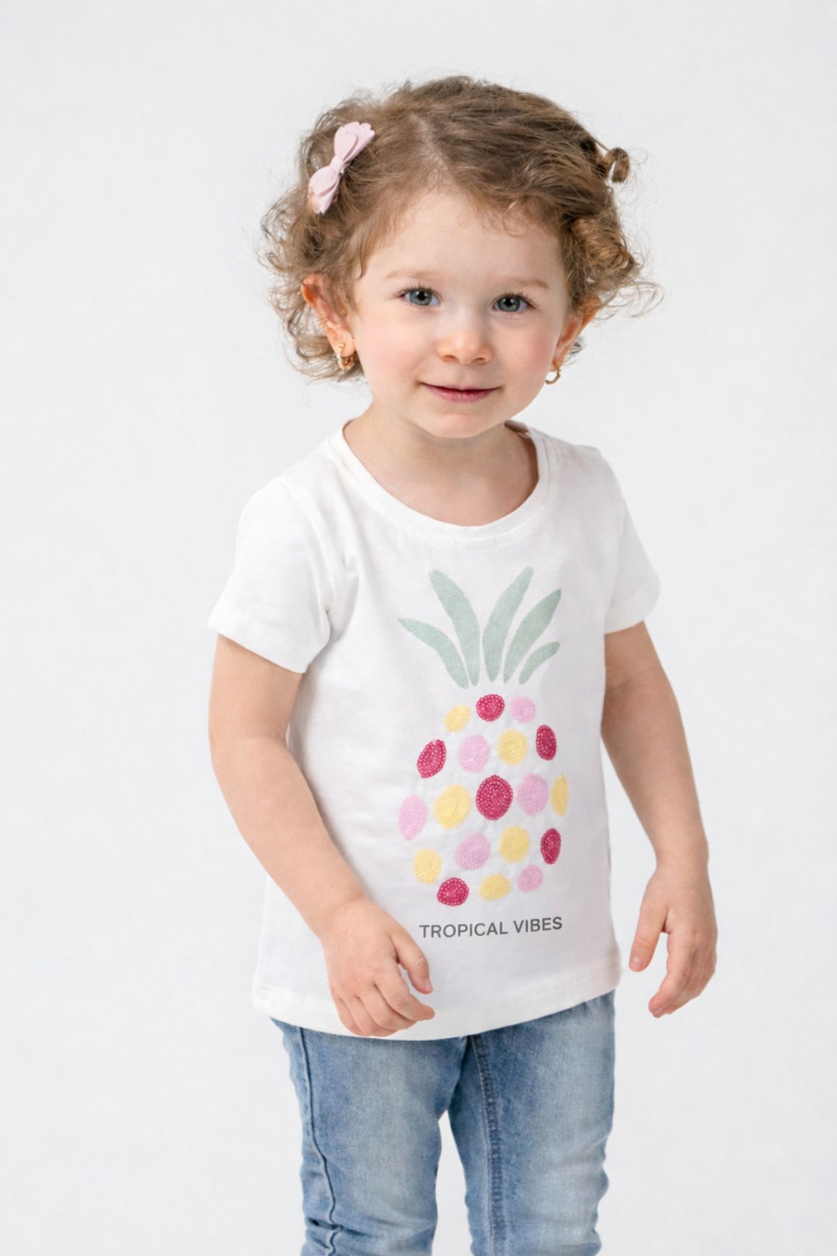 Детска тениска за момиче, цвят екрю