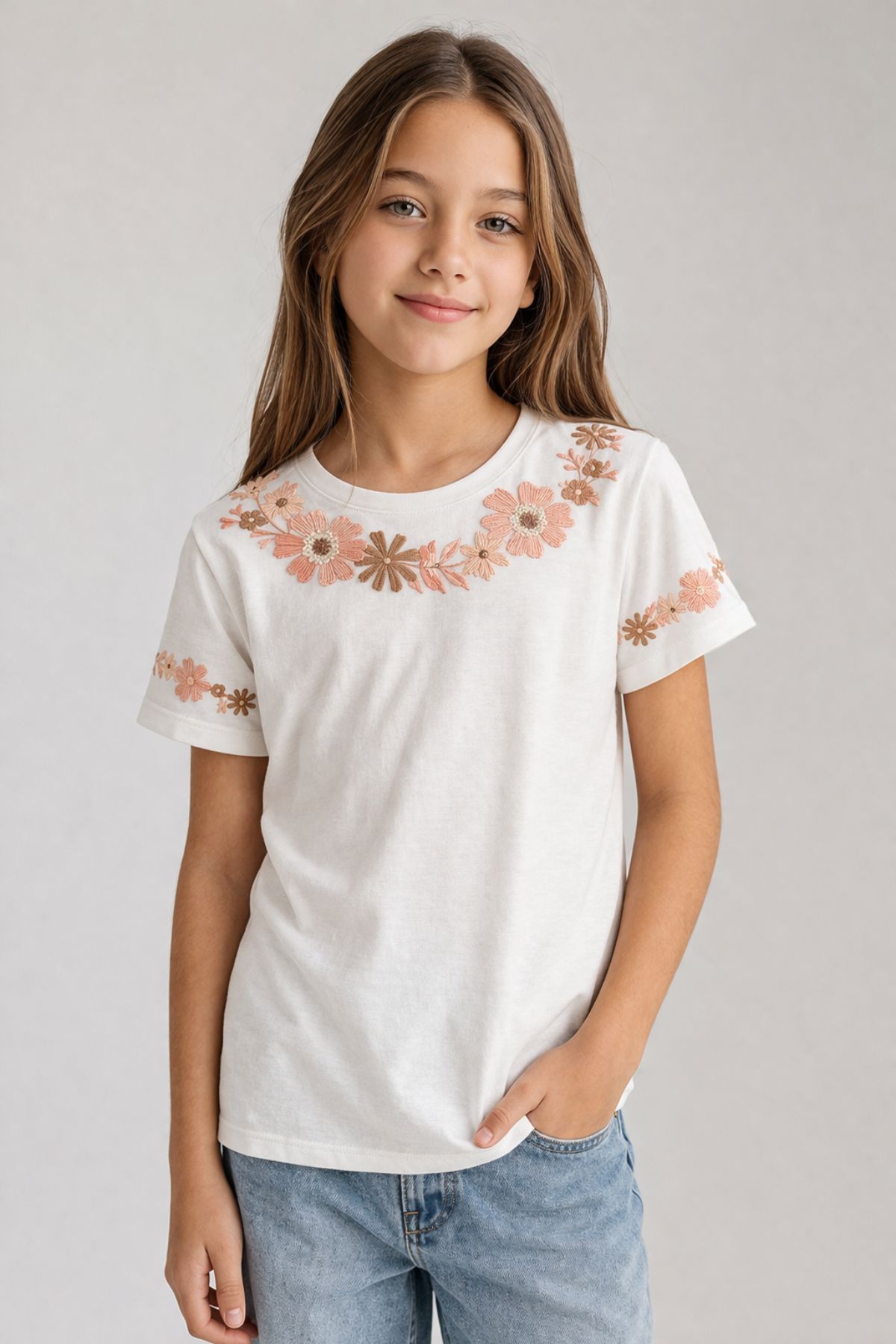 Детска тениска за момиче, цвят екрю