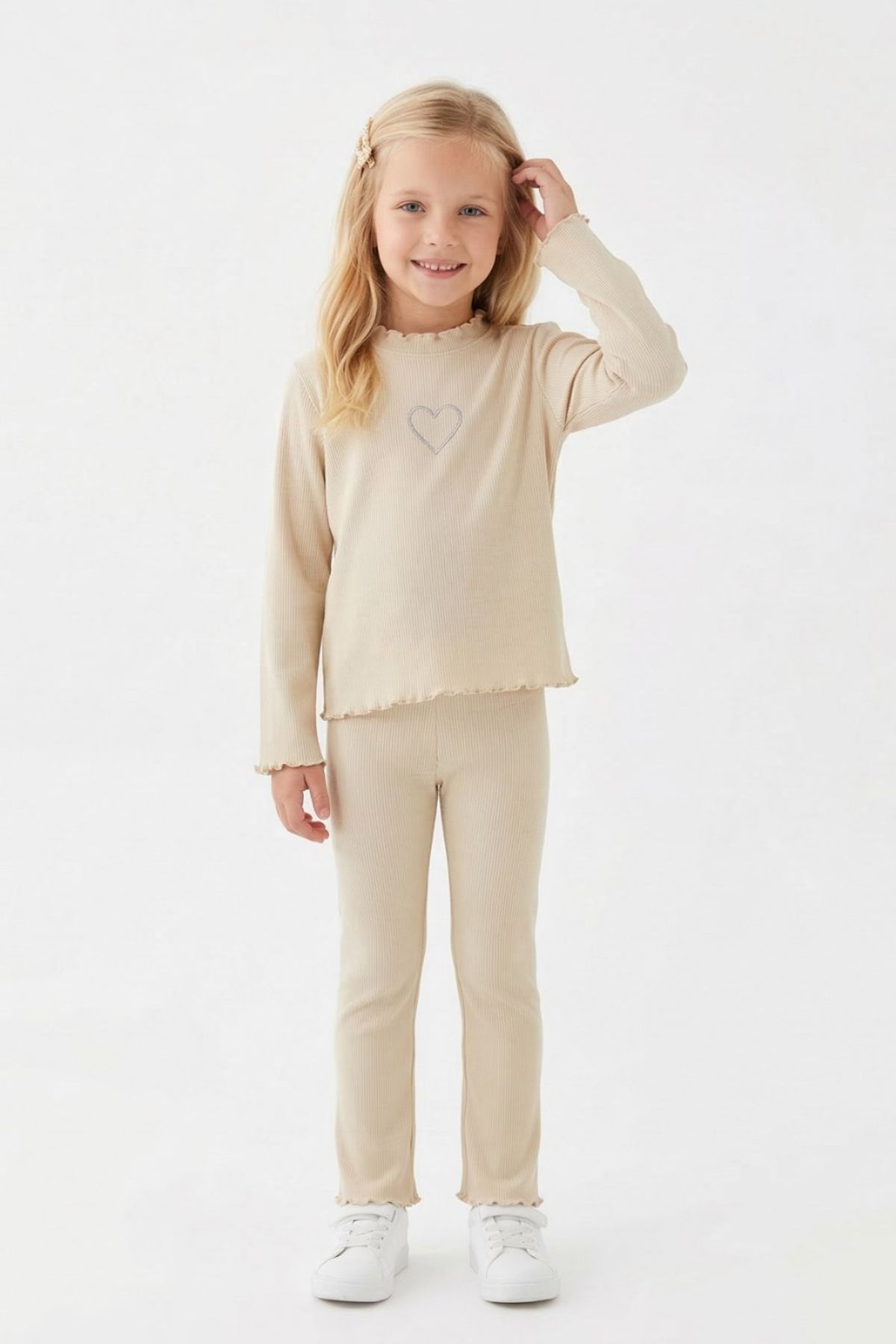 Детски комплект за момиче с дълъг ръкав, бежов цвят