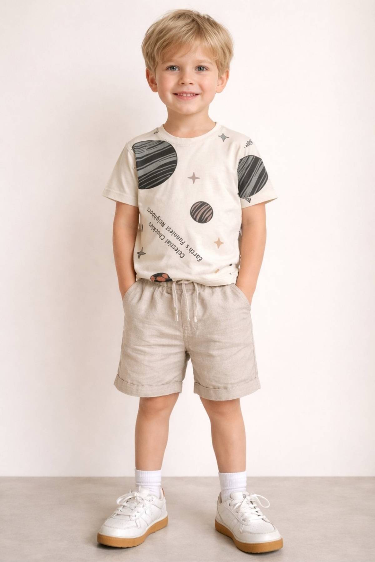 Детска тениска за момче, цвят екрю 