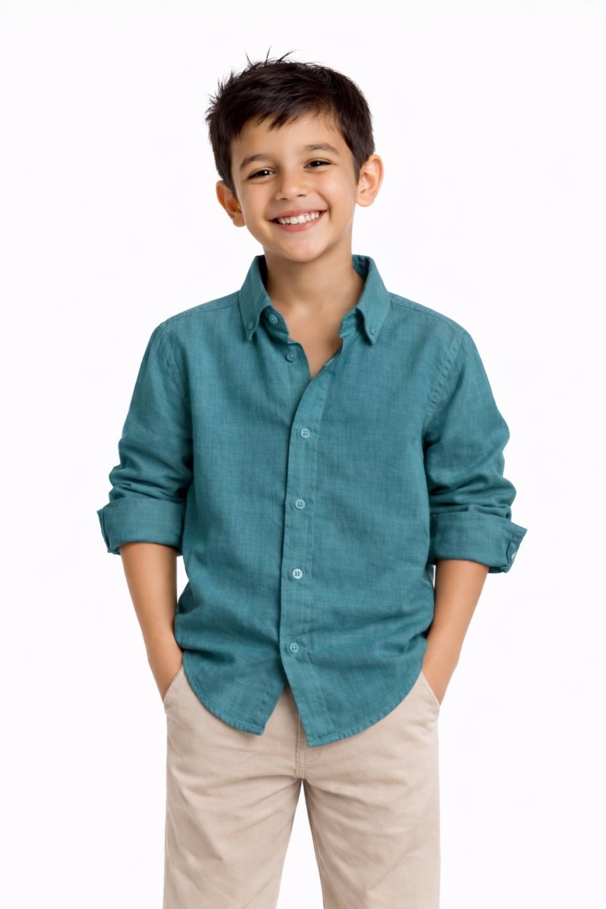 Детска риза за момче с дълъг ръкав, цвят петрол 