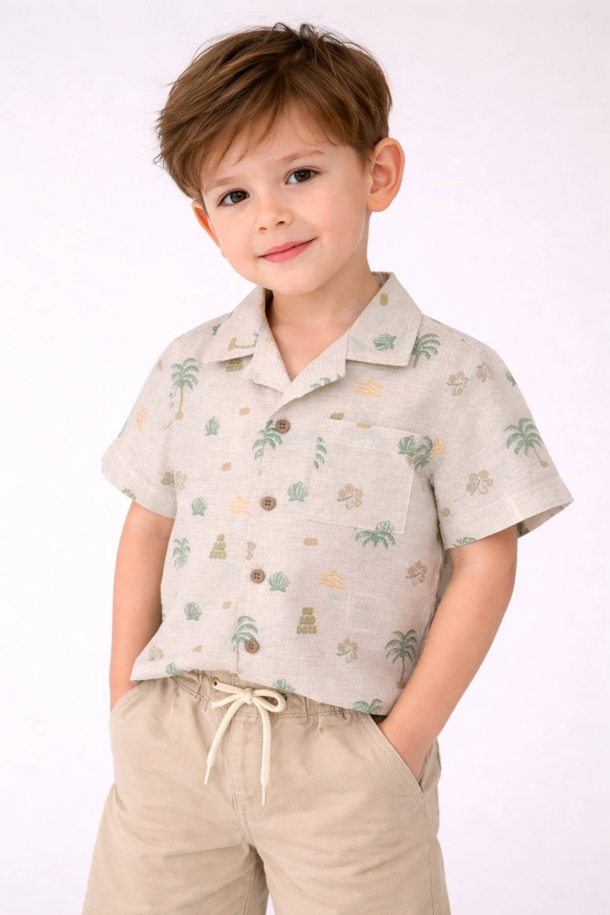 Детска риза за момче с къс ръкав, бежов цвят 