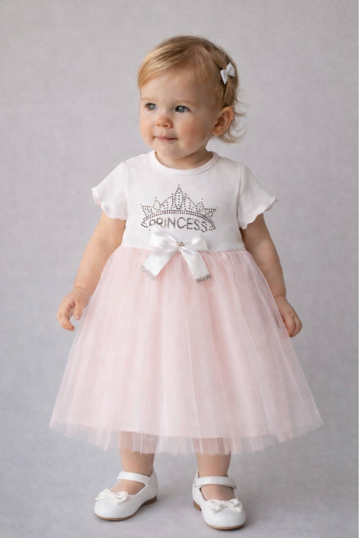 Бебешка рокля с къс ръкав, тъмно розов цвят