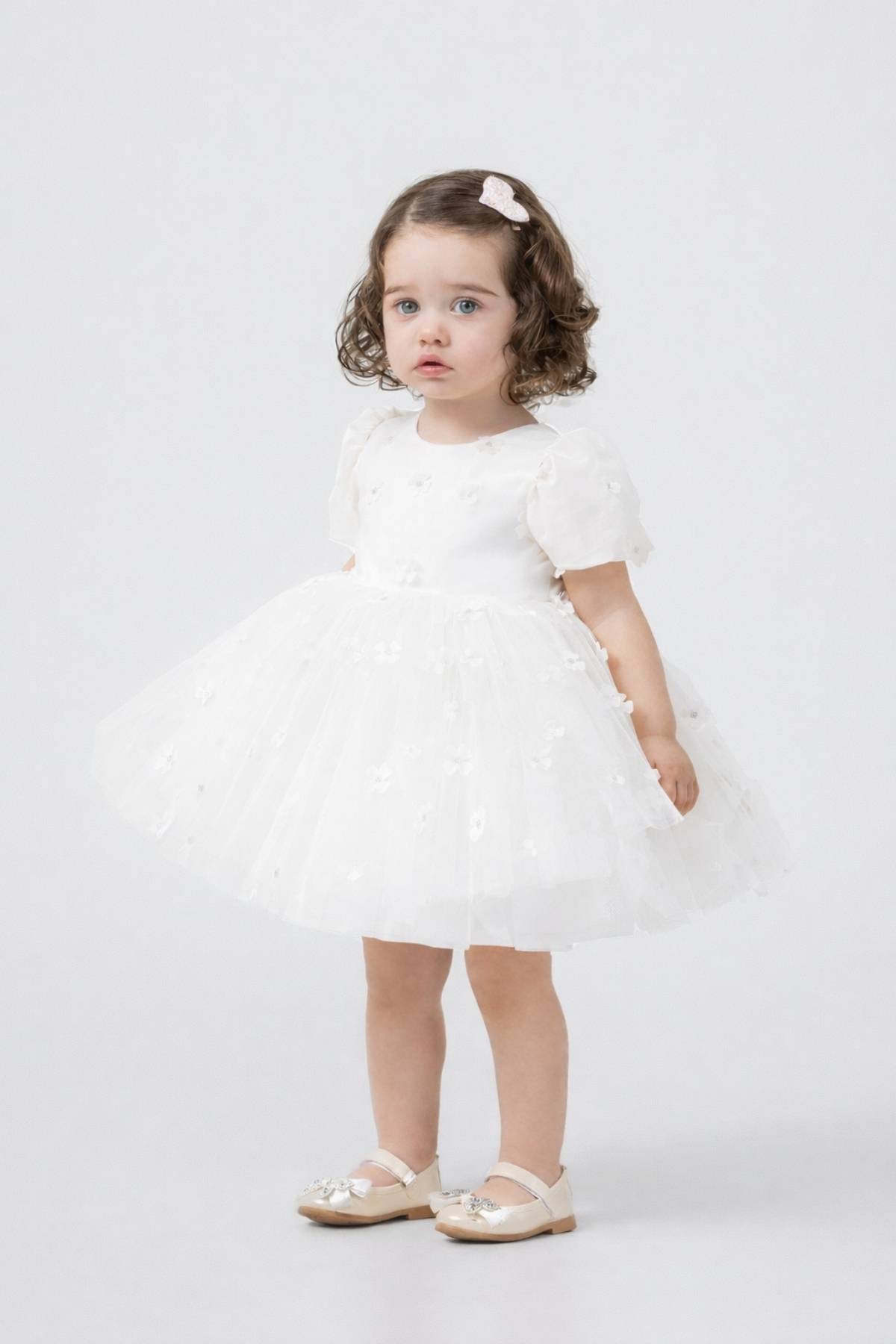 Детска официална рокля с къс ръкав, бял цвят