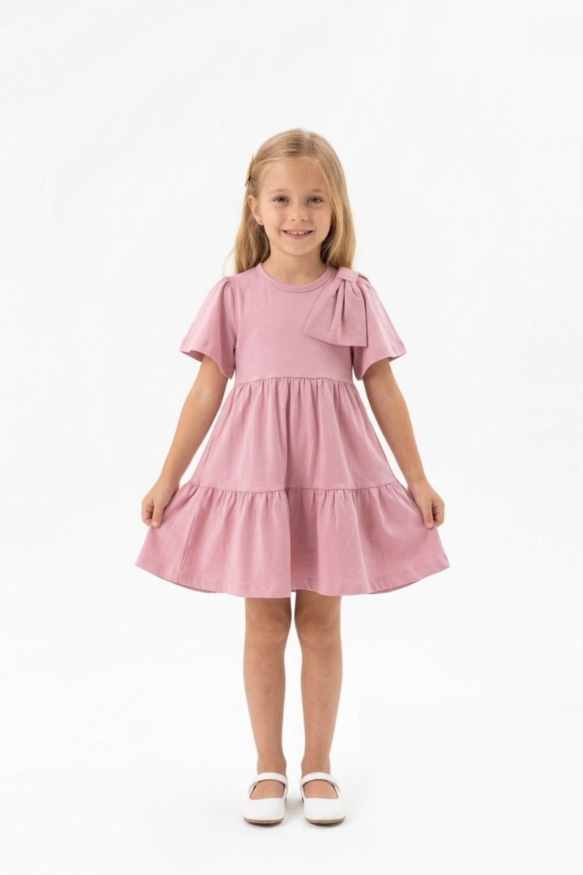 Детска рокля с къс ръкав, розов цвят
