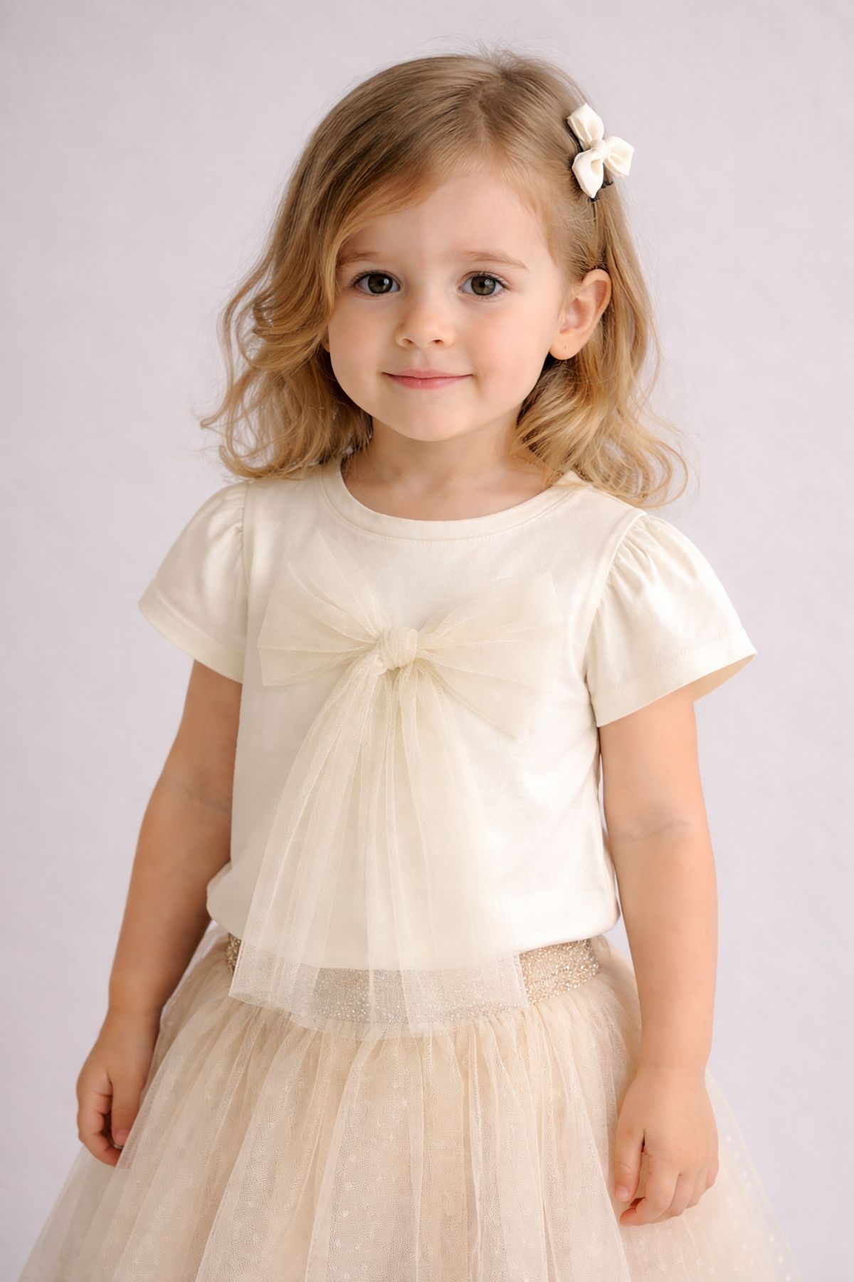 Детска тениска за момиче, цвят екрю
