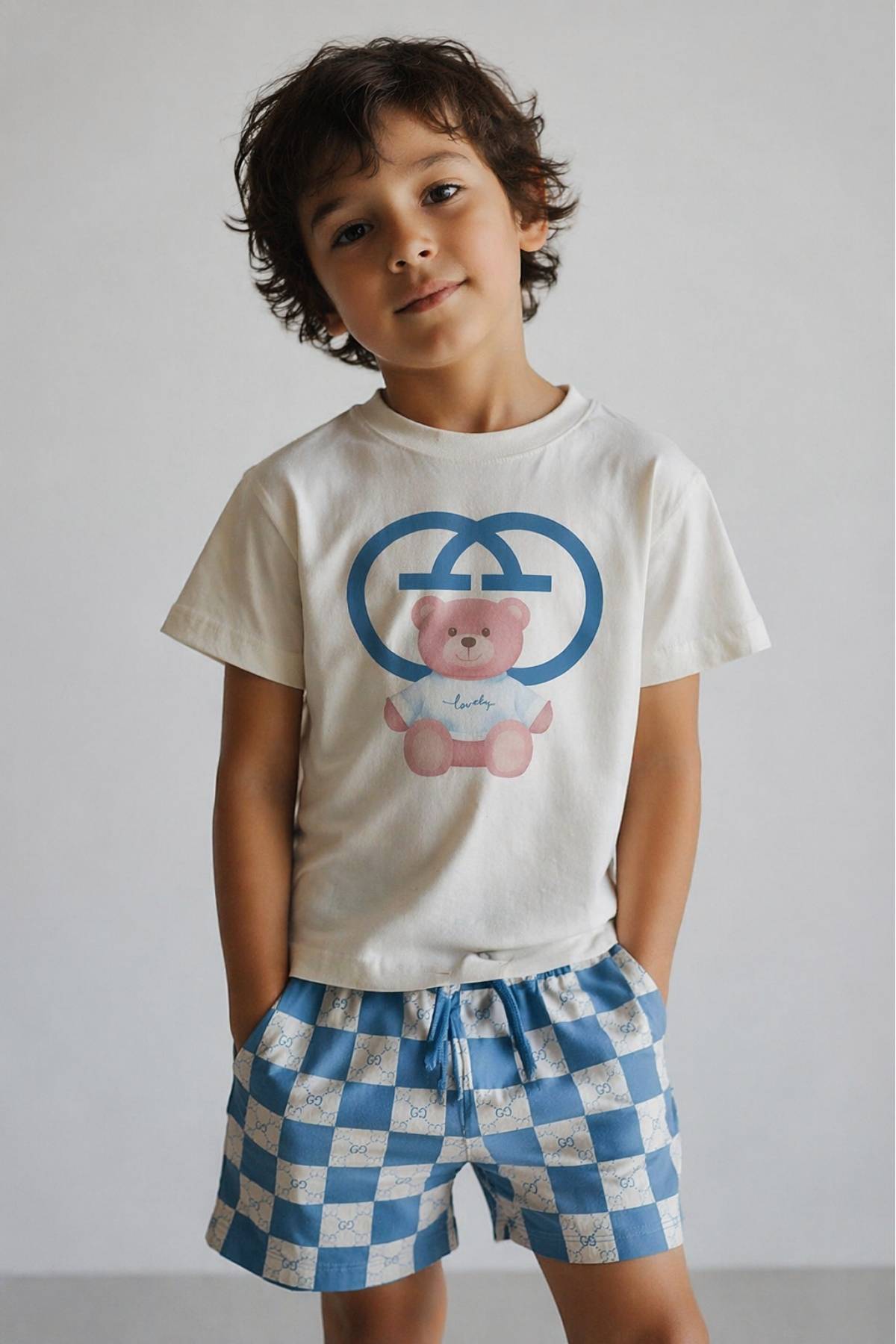 Детски комплект за момче с къс ръкав, бежов цвят