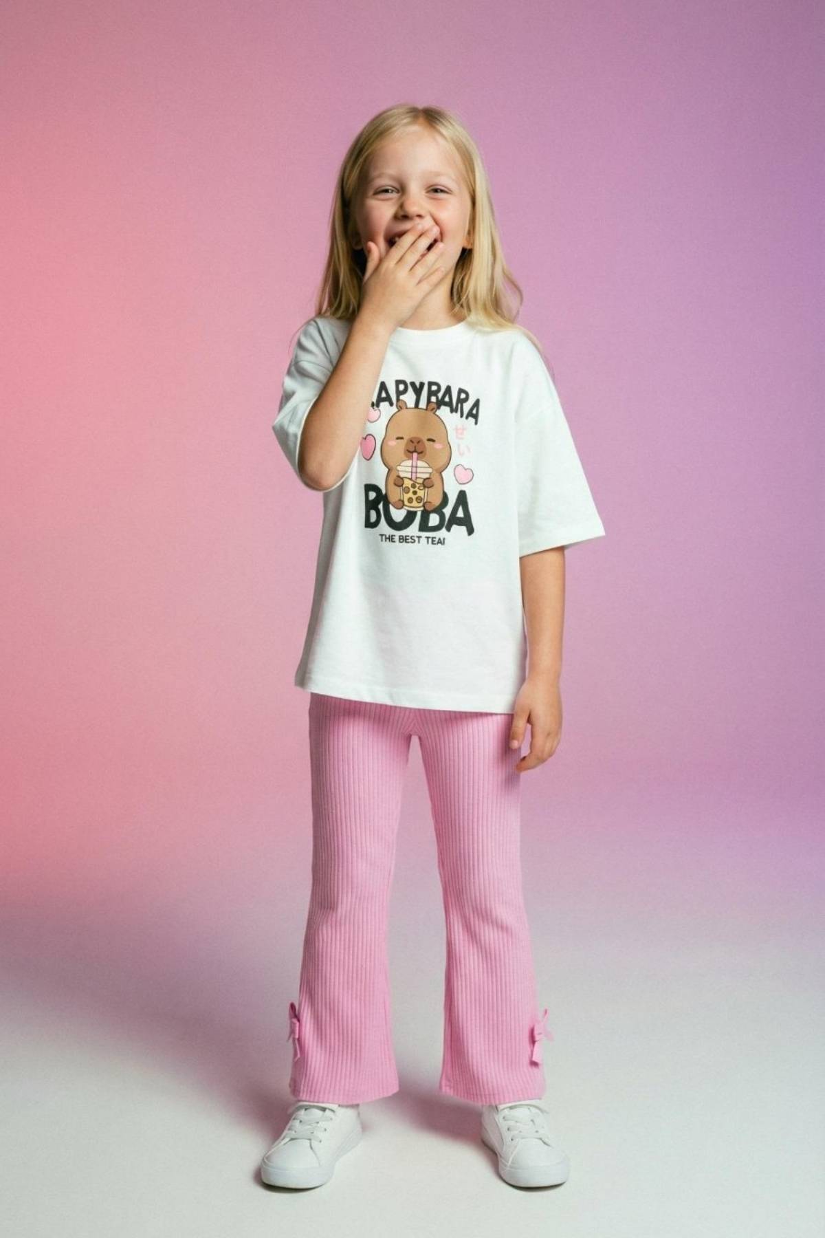 Детски комплект с къс ръкав, розов цвят 