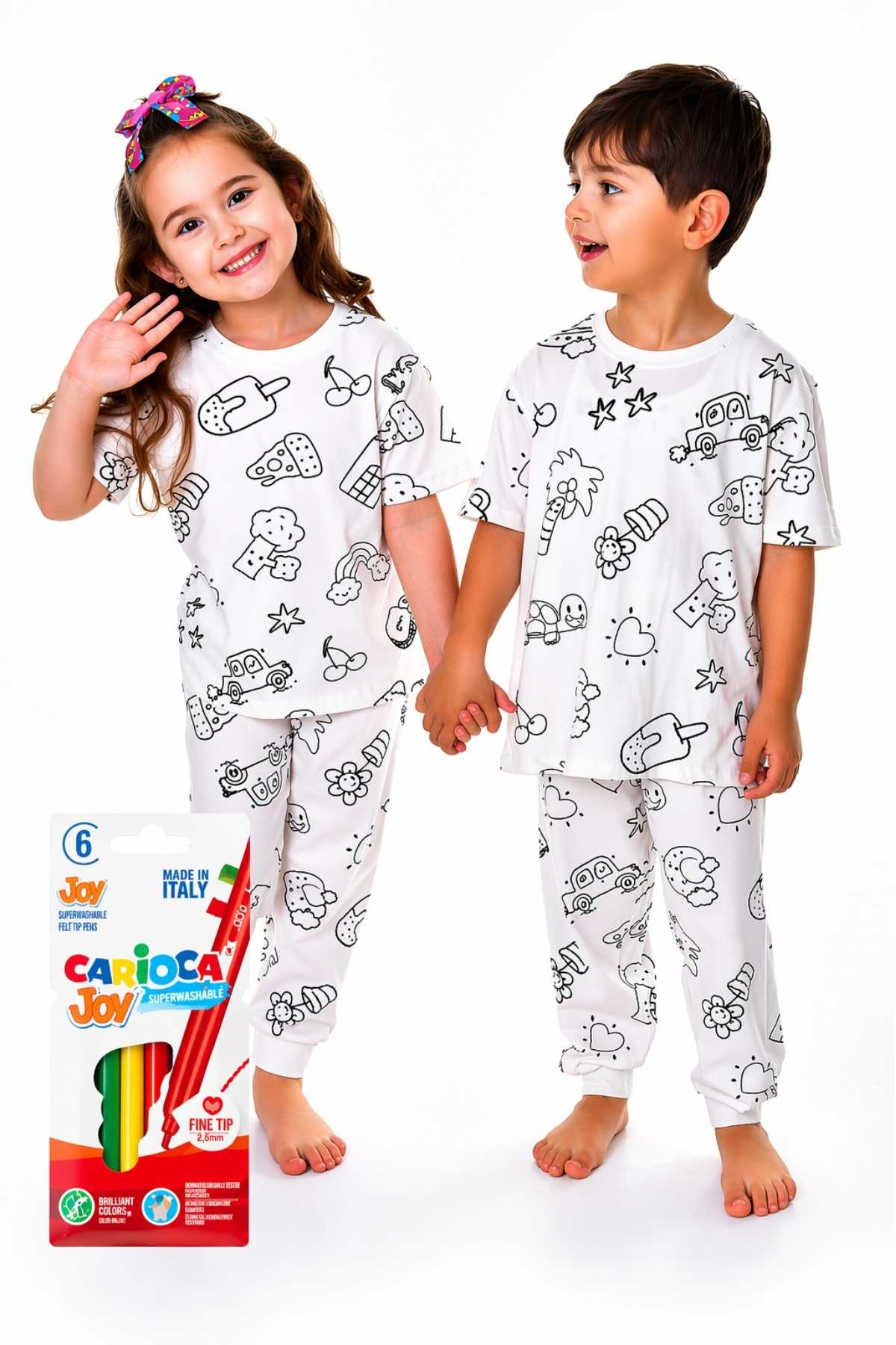 Детска пижама за оцветяване + комплект текстилни флумастери, бял цвят
