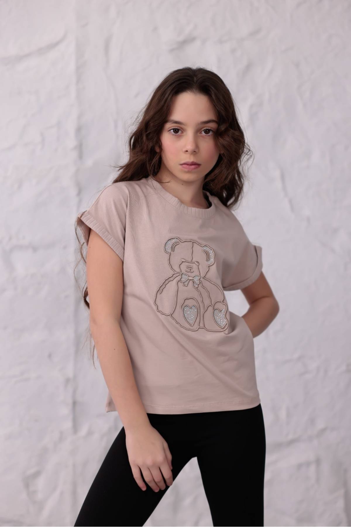 Детска тениска за момиче, бежов цвят 