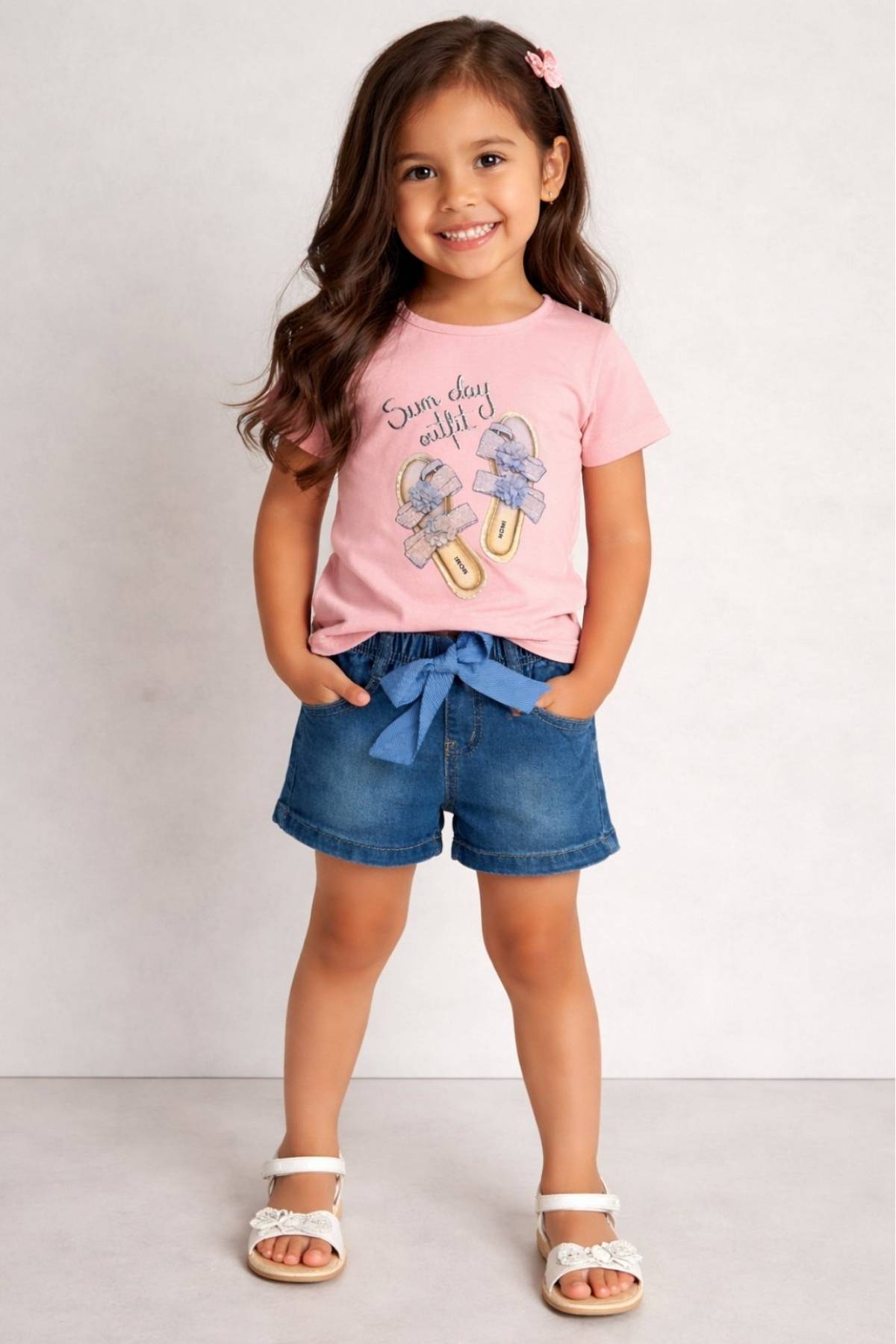 Детски комплект за момиче с къс ръкав, розов цвят