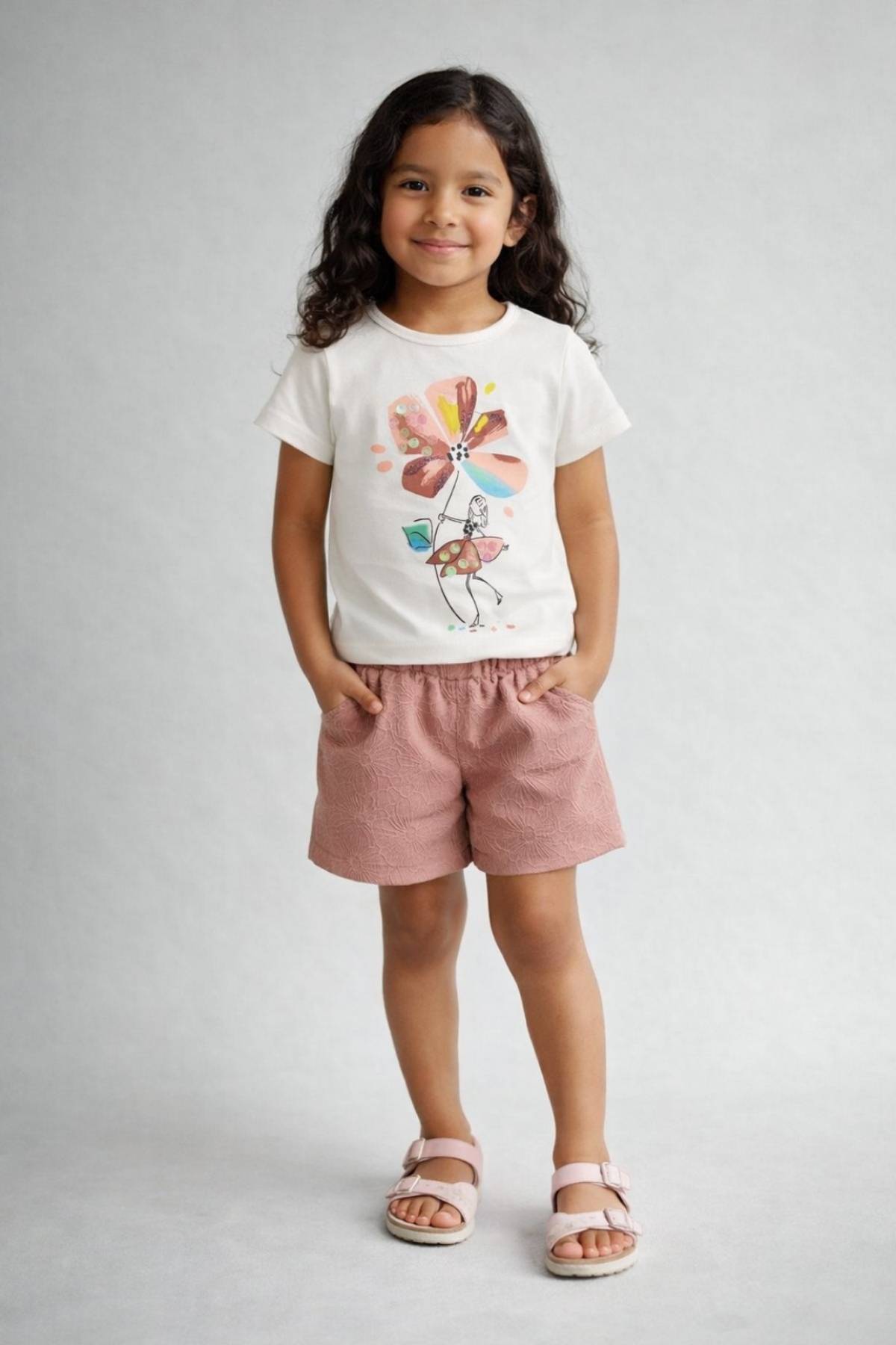 Детски комплект за момиче с къс ръкав, розов цвят
