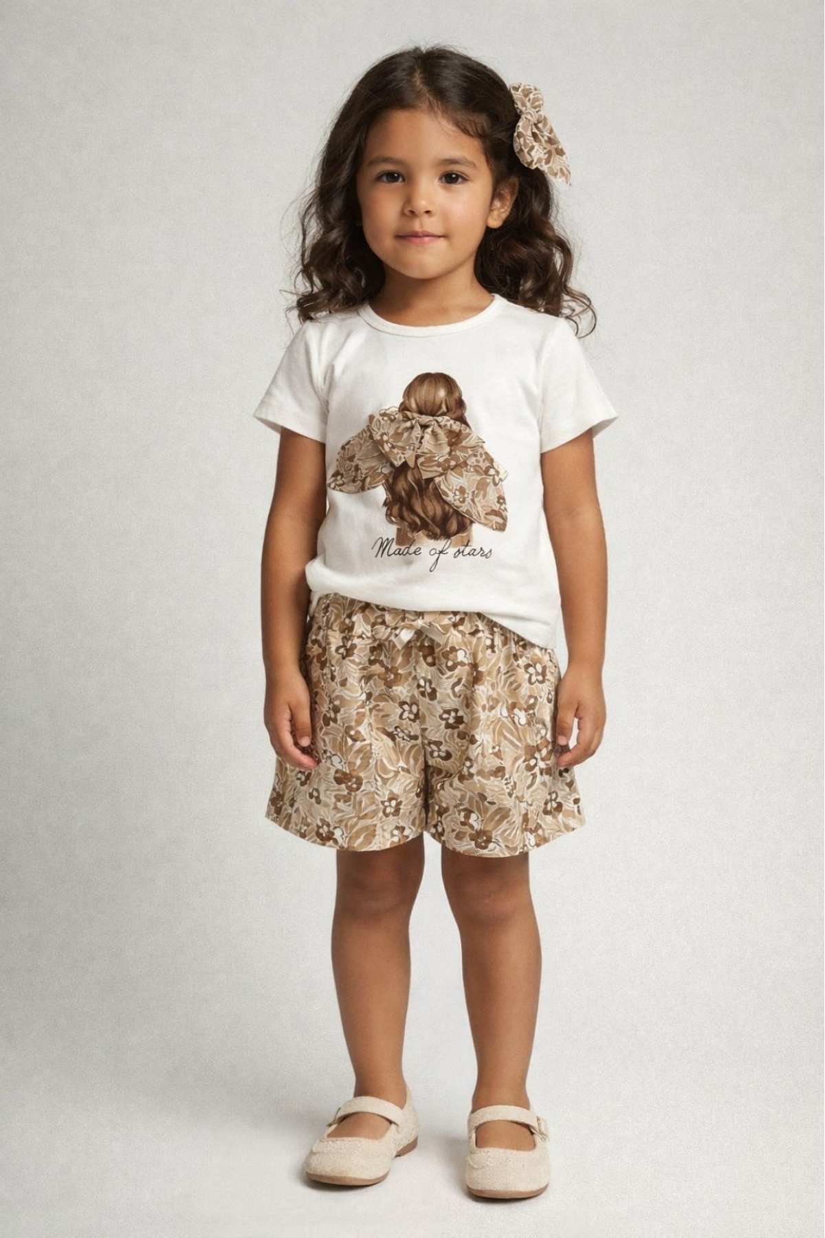 Детски комплект за момиче с къс ръкав, кафяв цвят