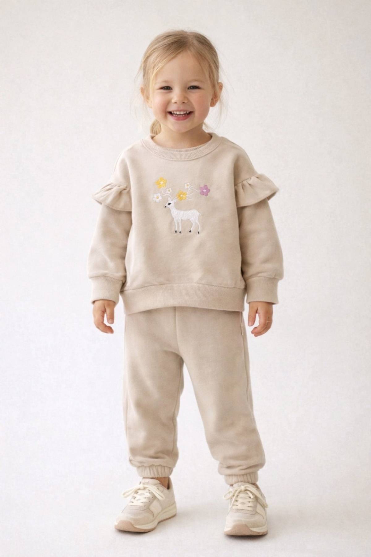 Детски комплект за момиче с дълъг ръкав, бежов цвят