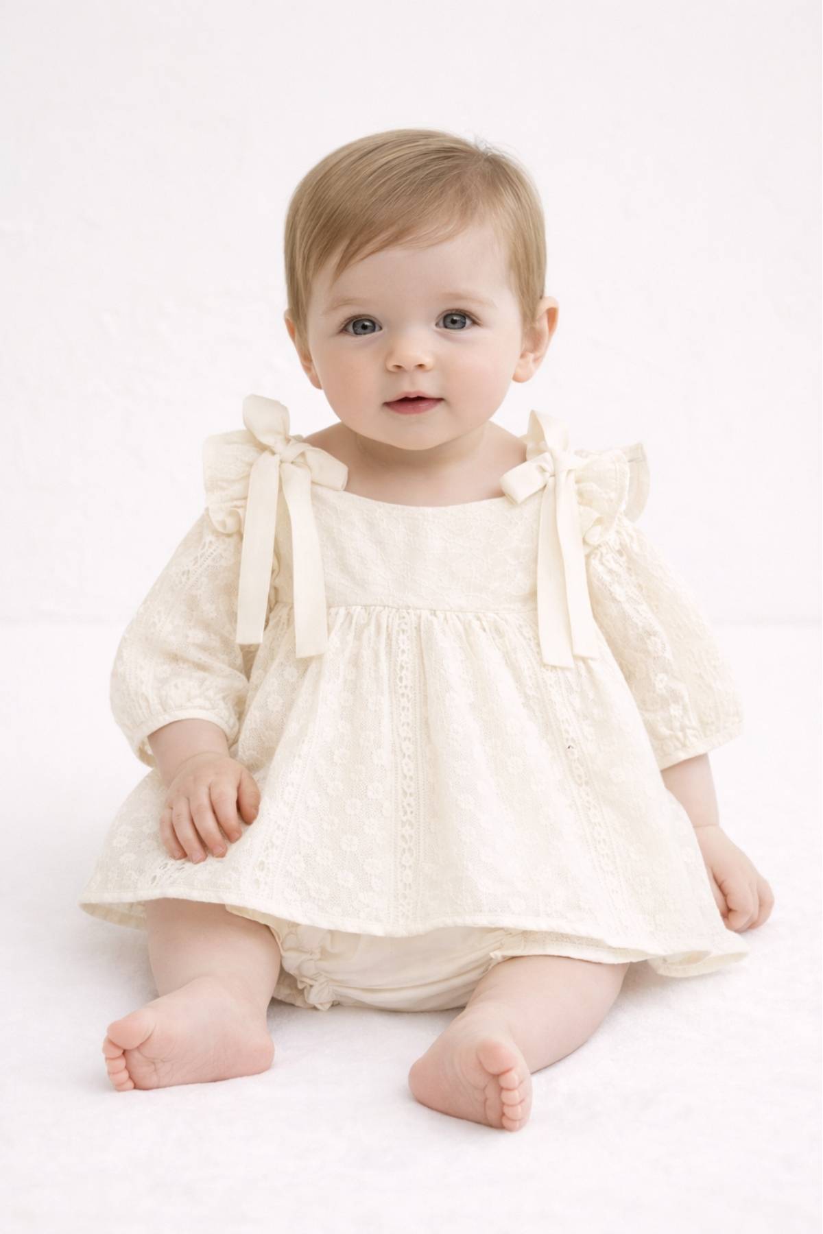 Бебешка рокля дълъг ръкав с гащички, бежов цвят 