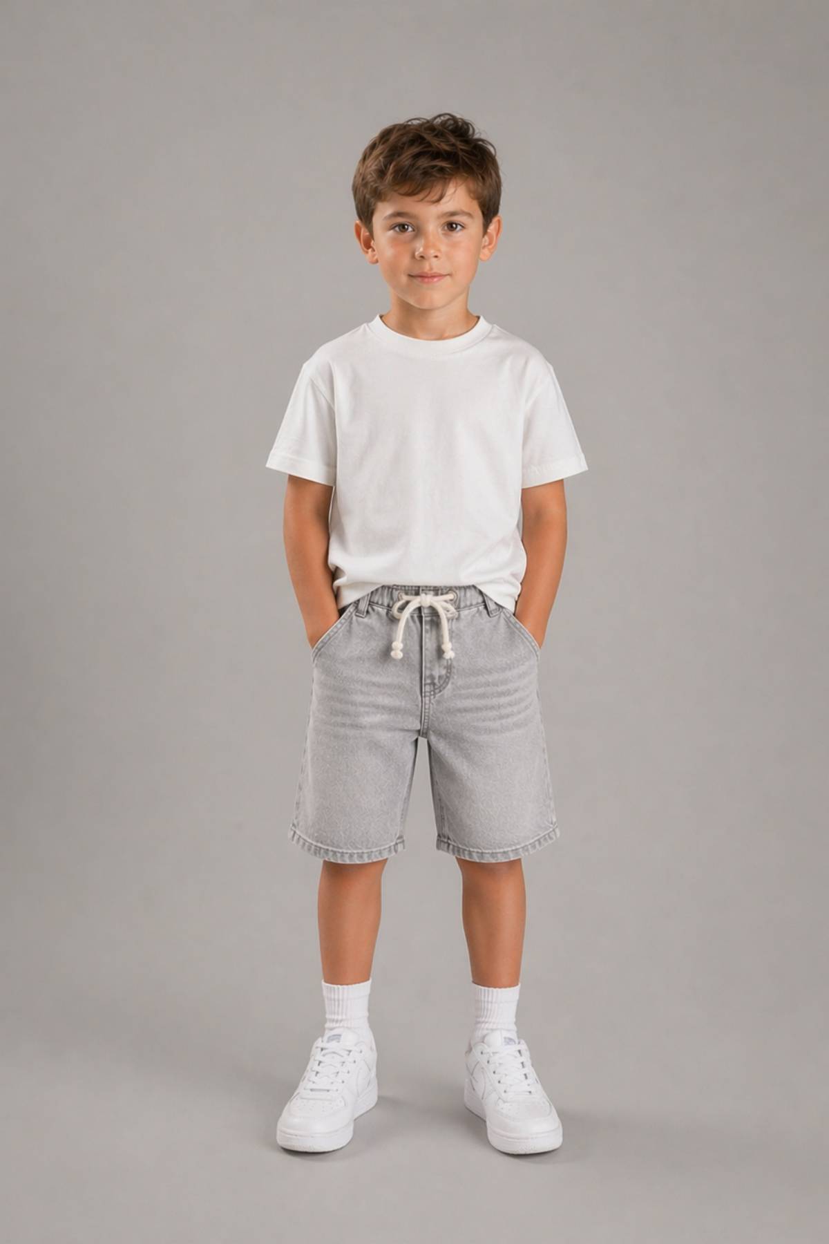 Детски къси дънкови панталонки за момче, сив цвят 
