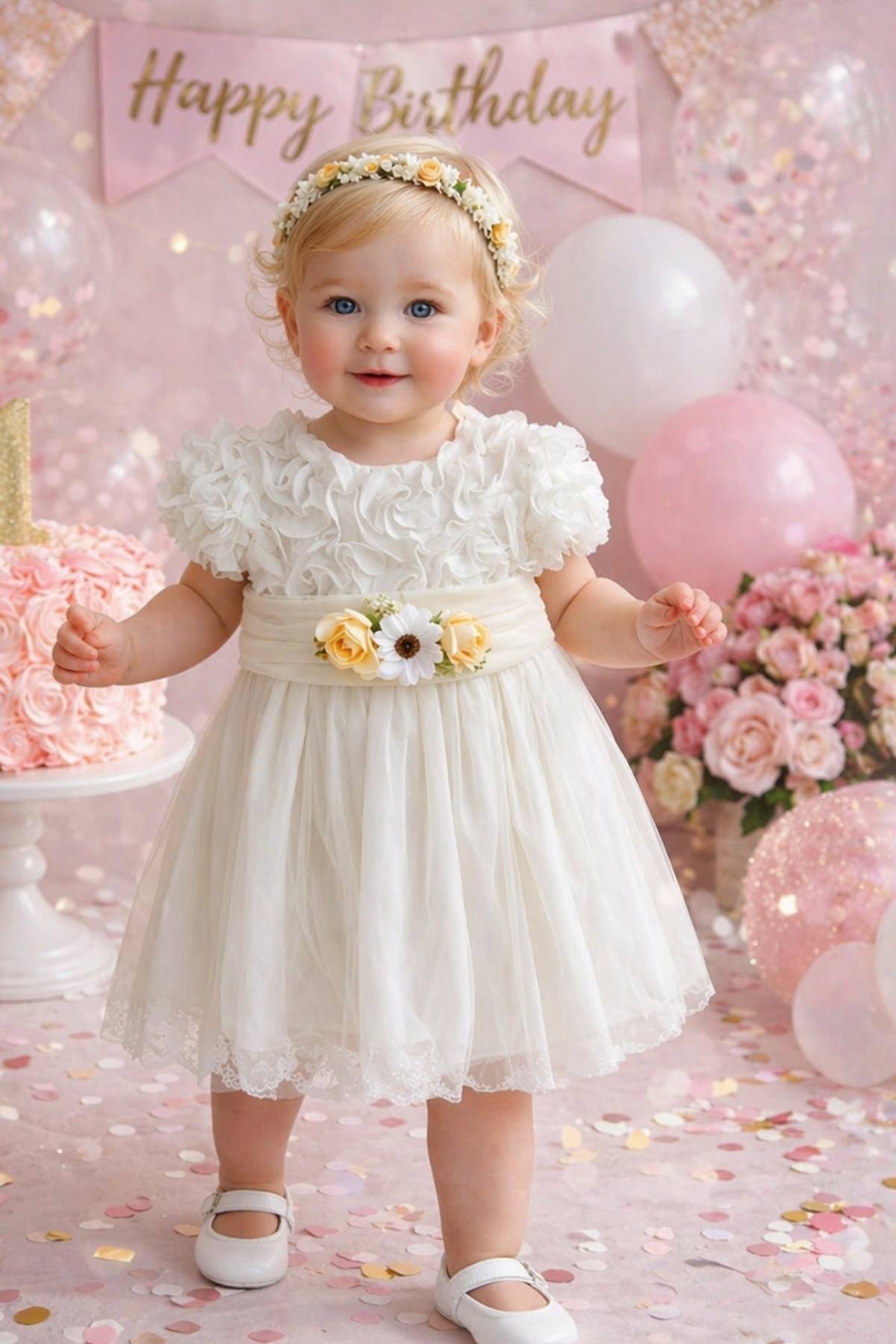 Бебешка официална рокля с къс ръкав, бял цвят