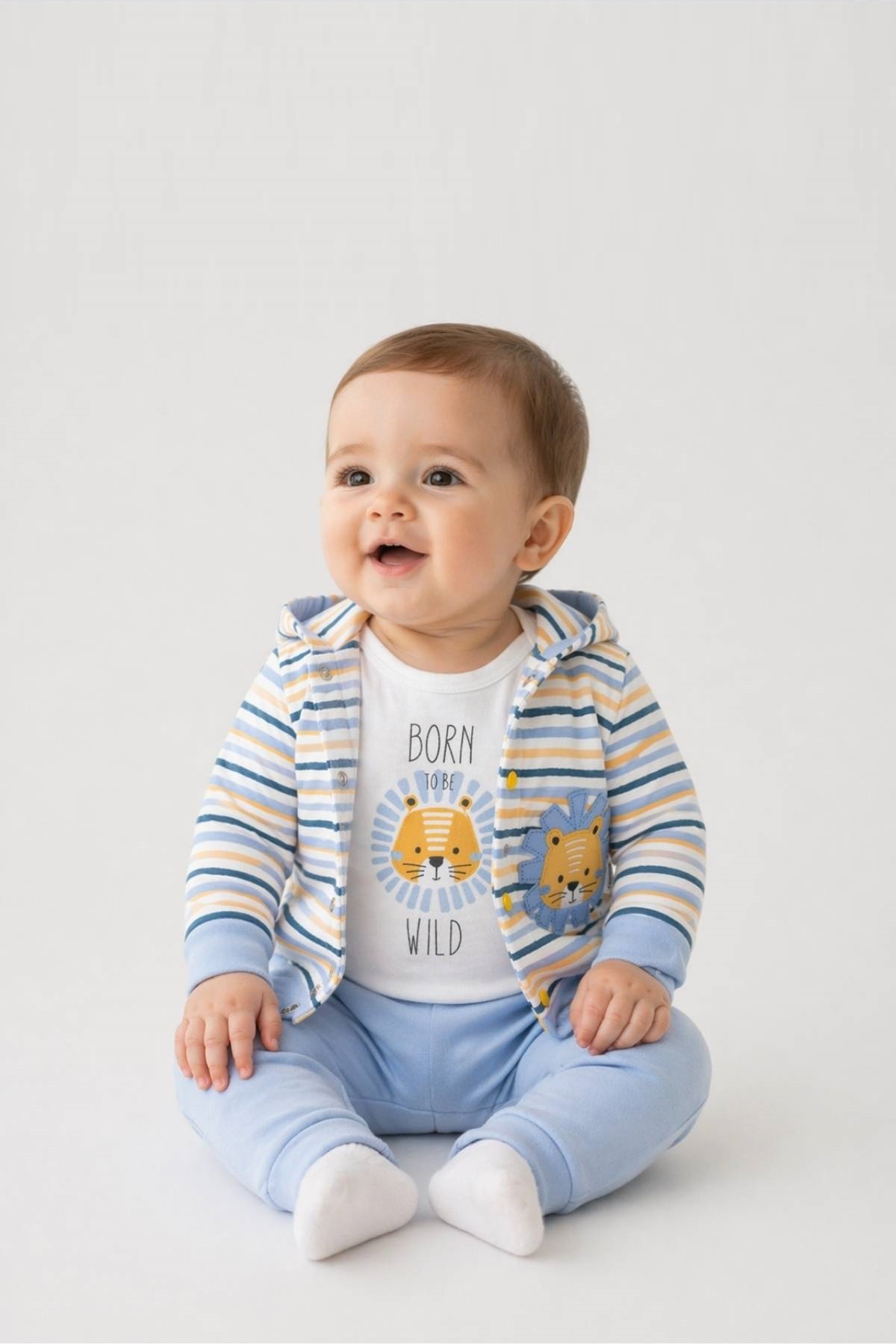 Бебешки комплект за момче с дълъг ръкав 3 части, син цвят