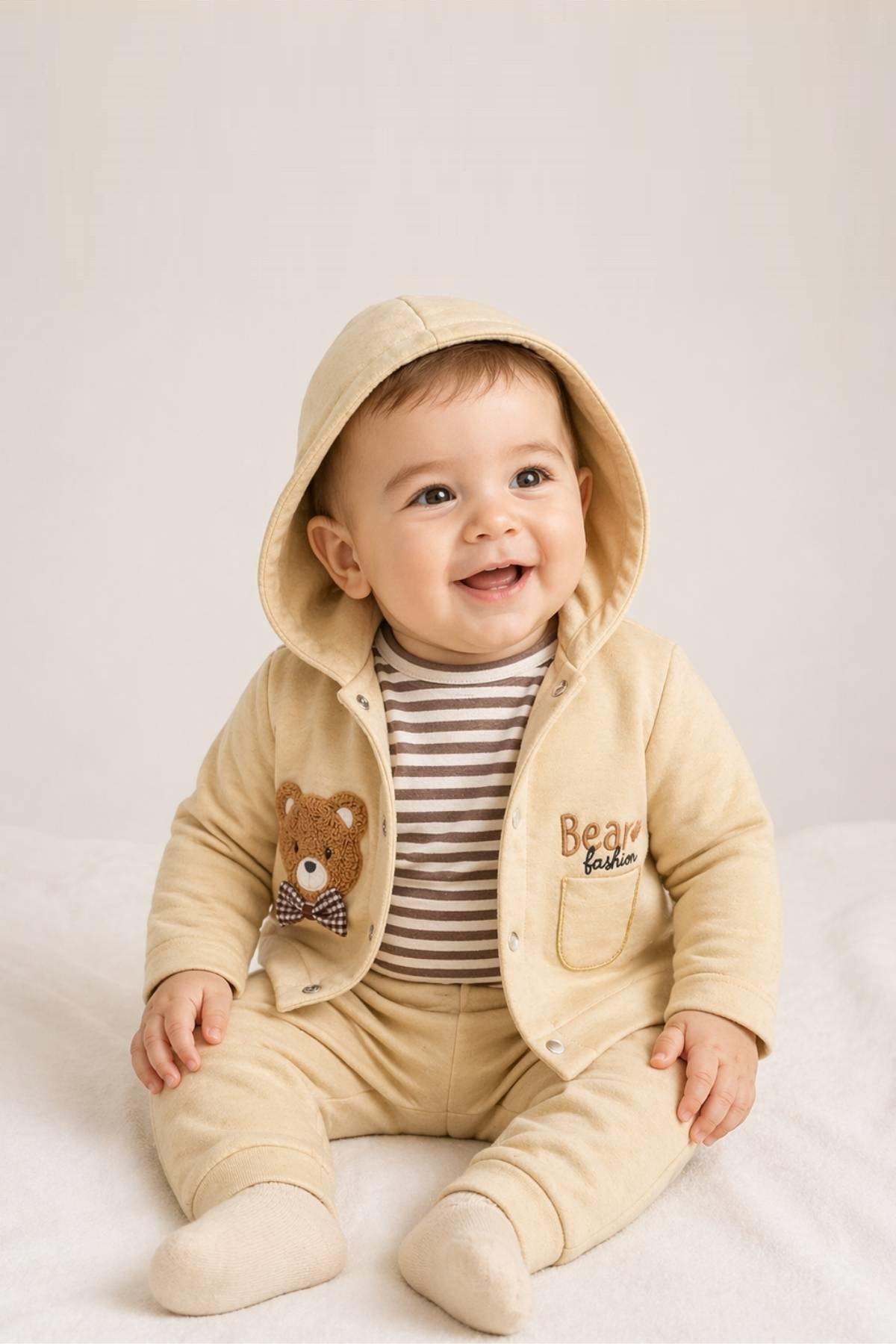 Бебешки комплект за момче с дълъг ръкав 3 части, бежов цвят 