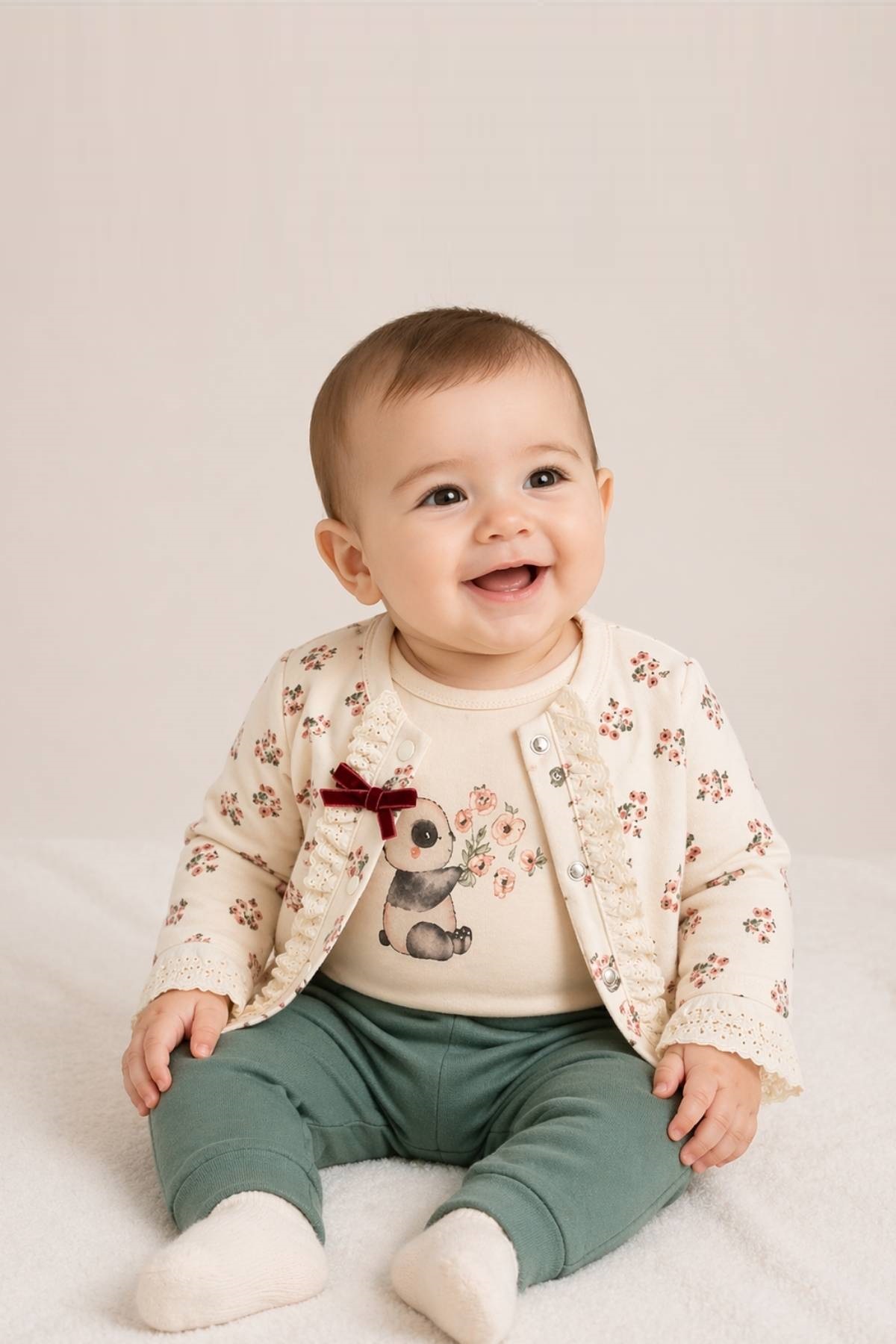 Детски комплект за момиче с дълъг ръкав от 3 части, зелен цвят