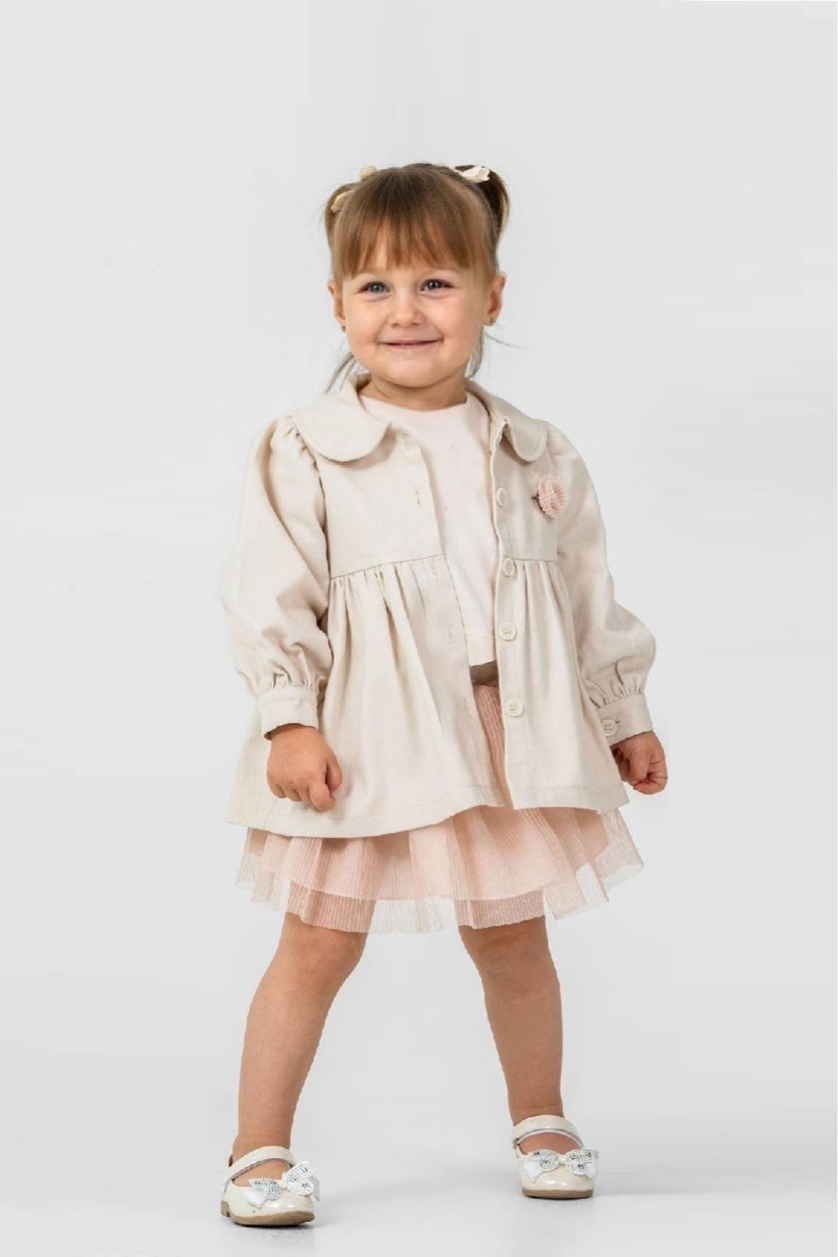 Детски комплект за момиче с дълъг ръкав 3 части, бежов цвят