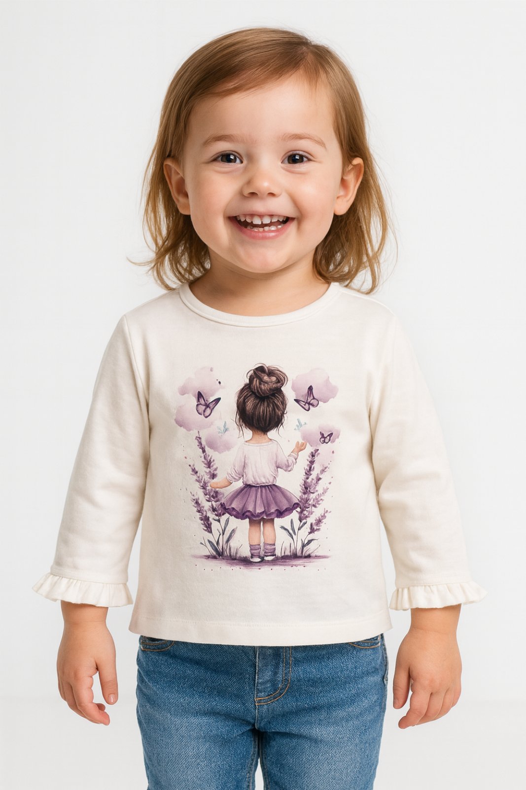 Детска блуза момиче дълъг ръкав, цвят екрю