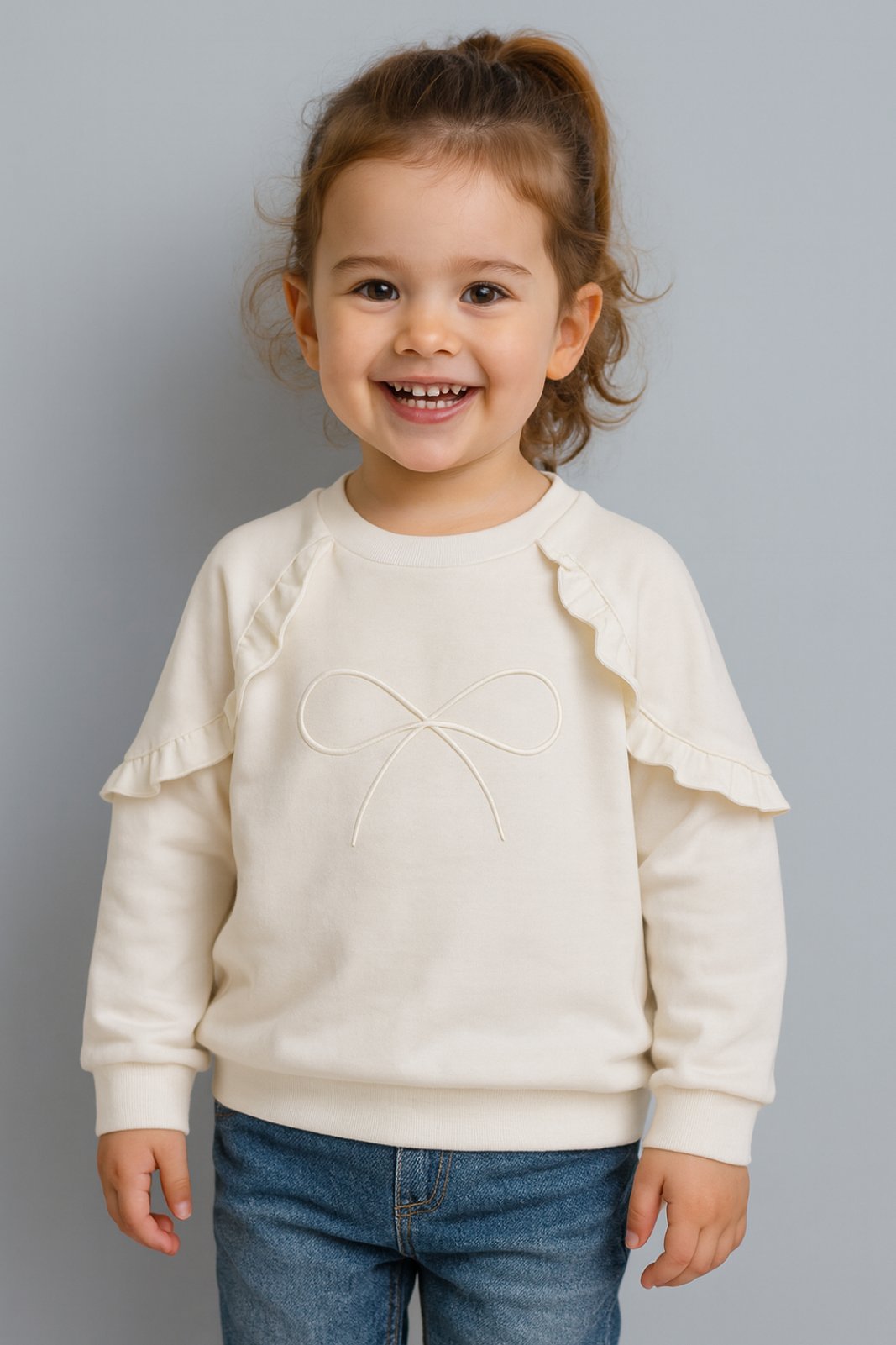 Детска блуза момиче дълъг ръкав, цвят екрю