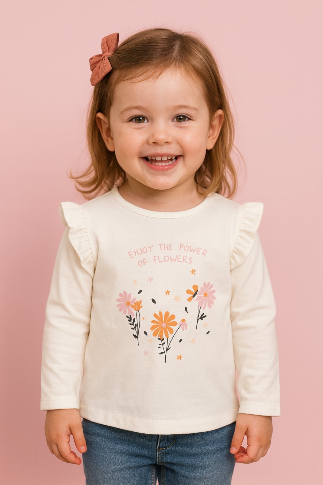Детска блуза момиче дълъг ръкав, цвят екрю