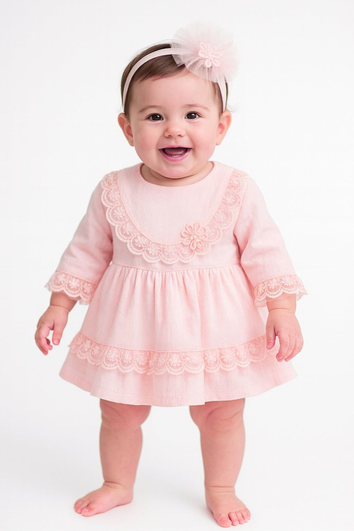 Бебешка рокля дълъг ръкав с лента за глава, светло розов цвят