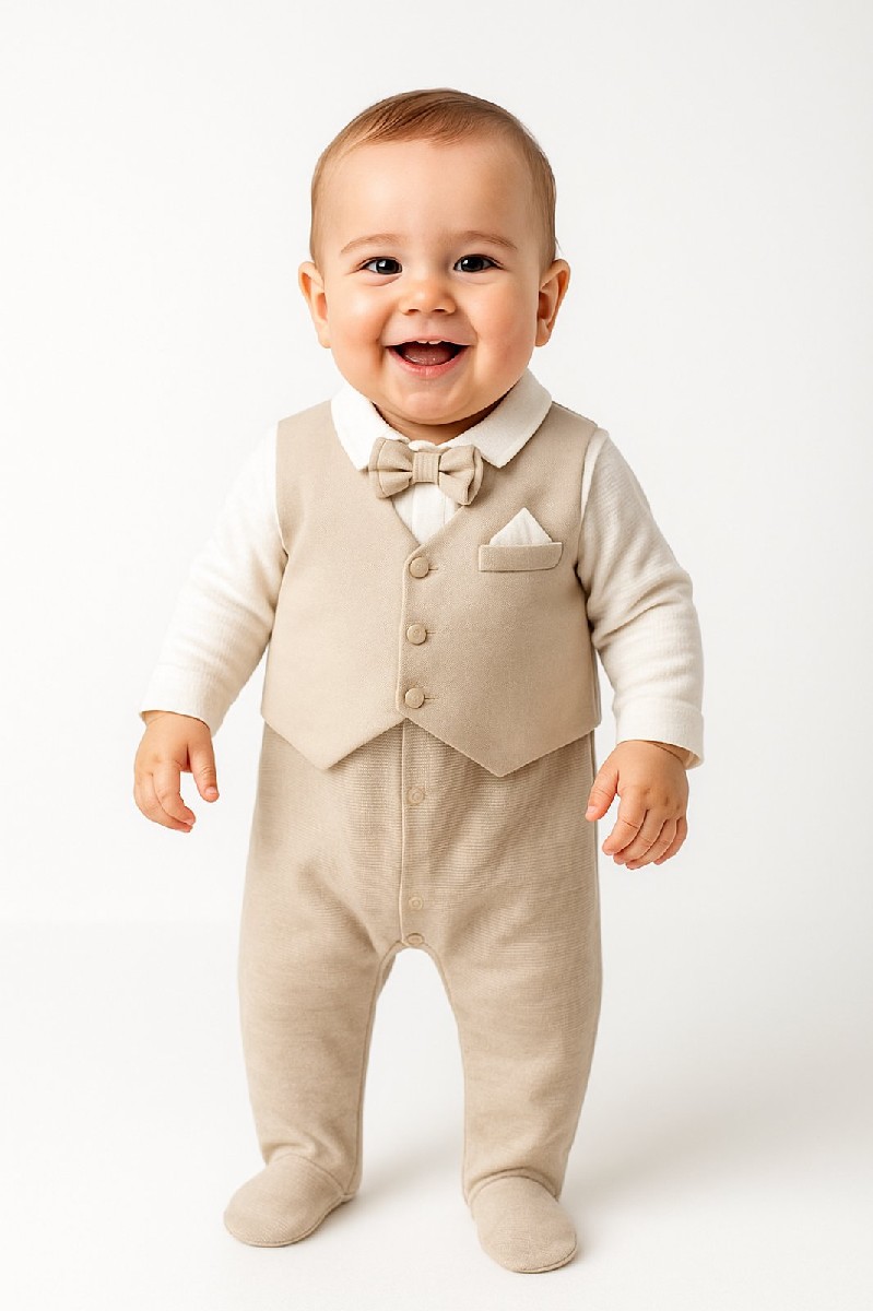 Бебешки гащеризон момче дълъг ръкав, бежов цвят