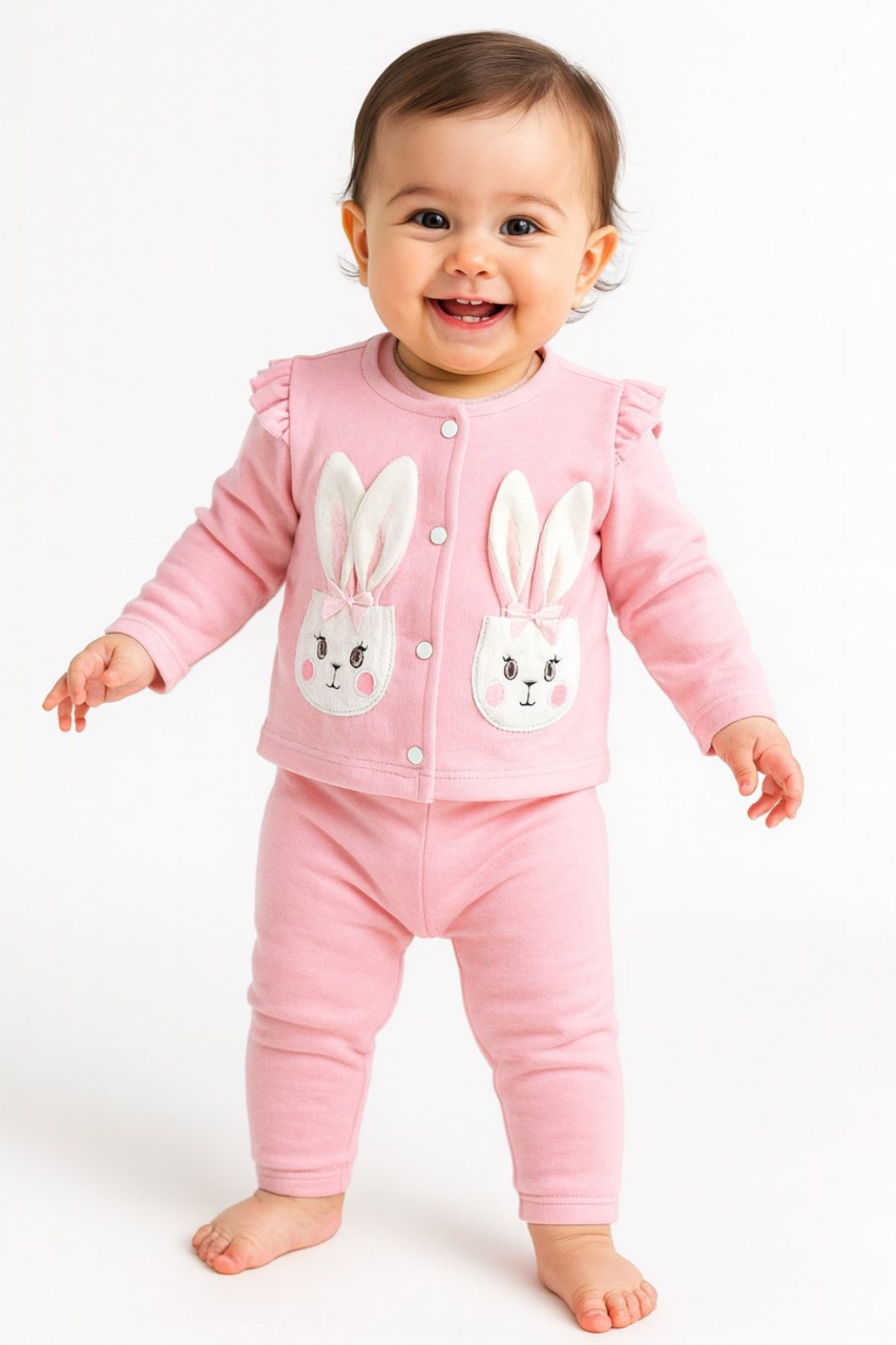 Бебешки комплект за момиче с дълъг ръкав 3 части, розов цвят