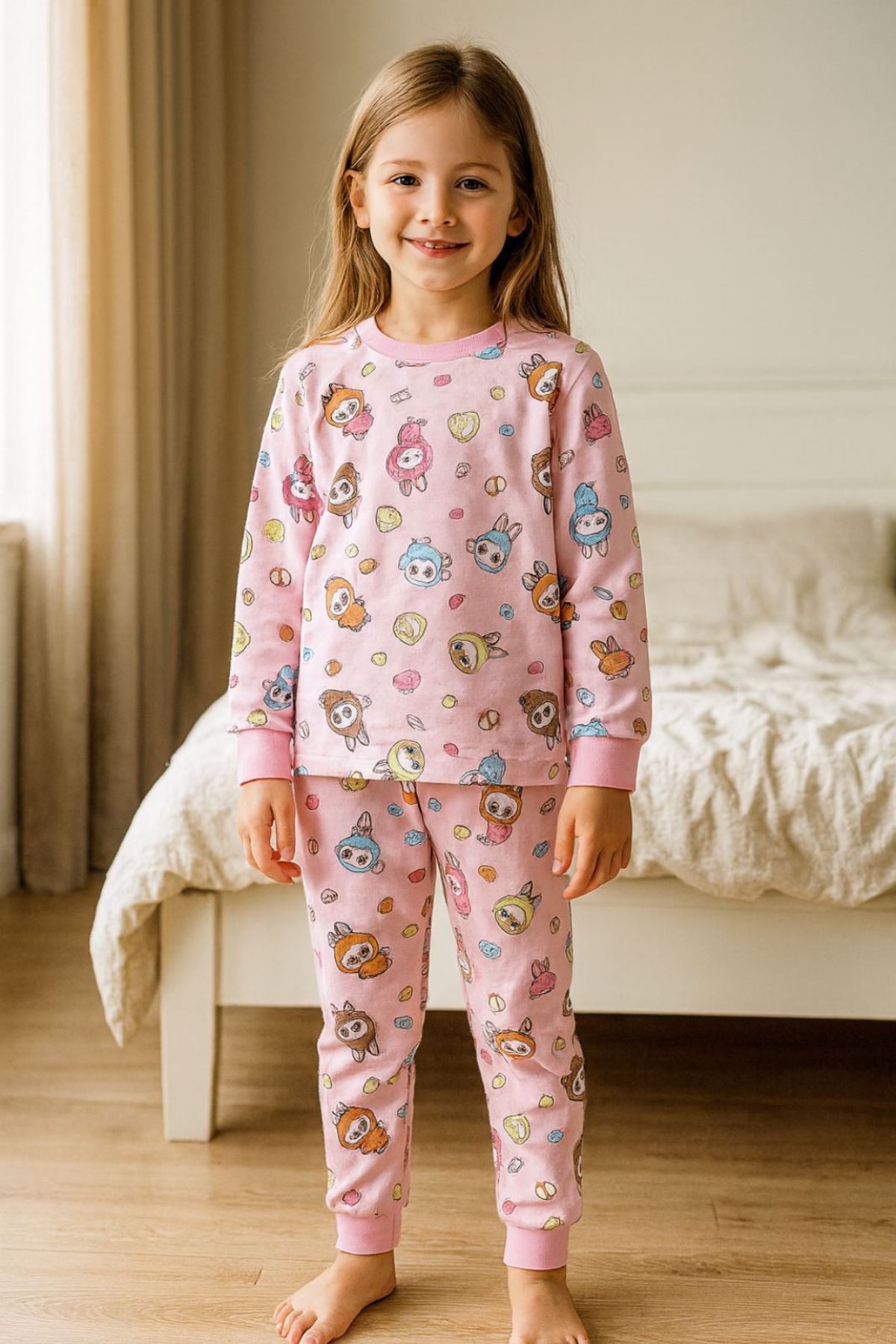 Детска пижама за момиче с дълъг ръкав, розов цвят